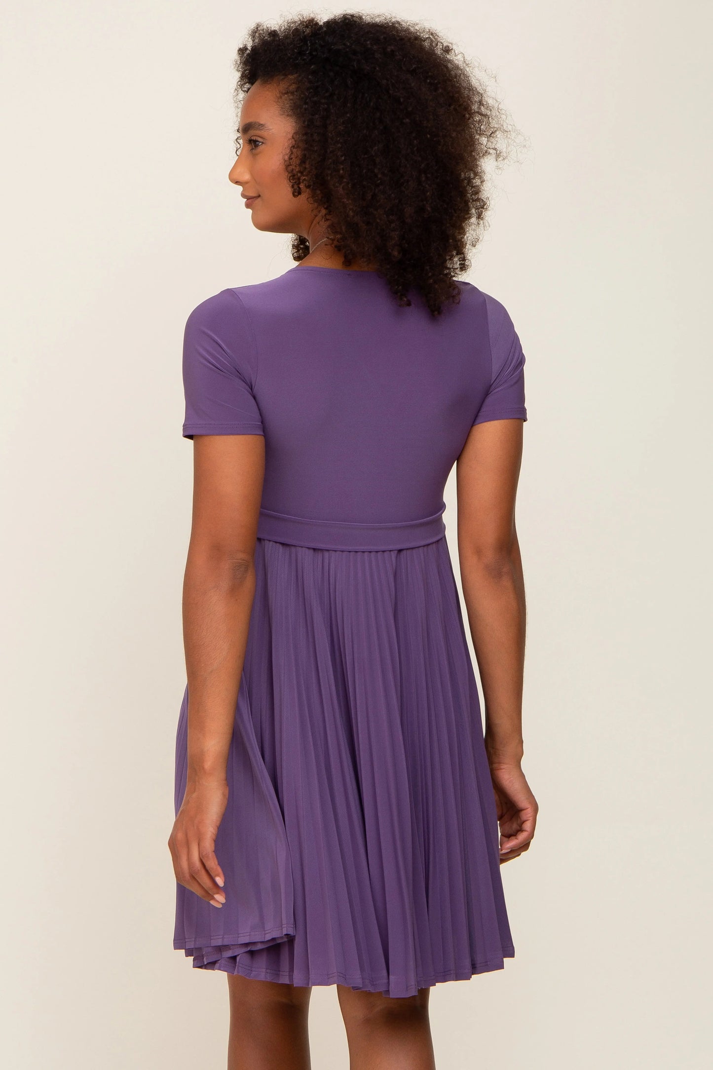 Plum Pleated V Neckline Nursing Dress with Short Sleeves PinkBlush