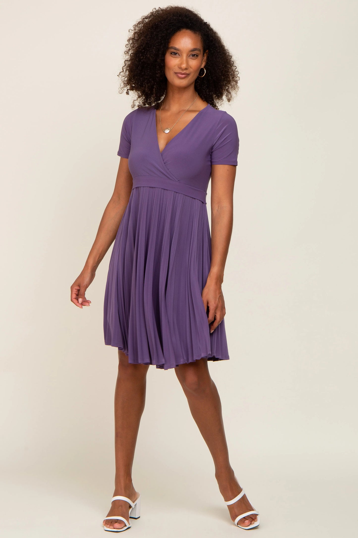 Plum Pleated V Neckline Nursing Dress with Short Sleeves PinkBlush