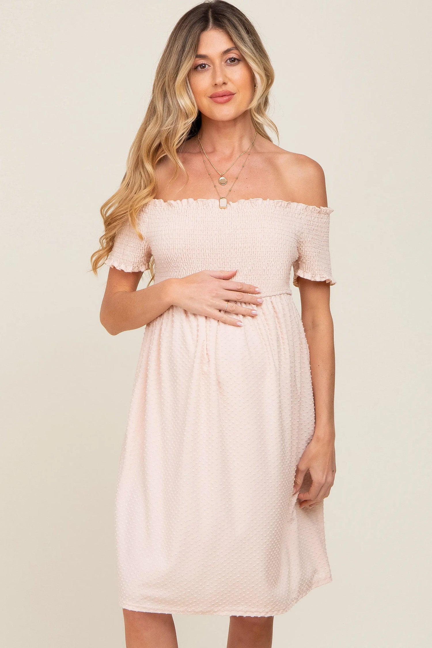 PinkBlush Peach Swiss Dot Maternity Dress with Smocked Bust and Pockets for Moms - Apparel & Accessories > Clothing > Dresses