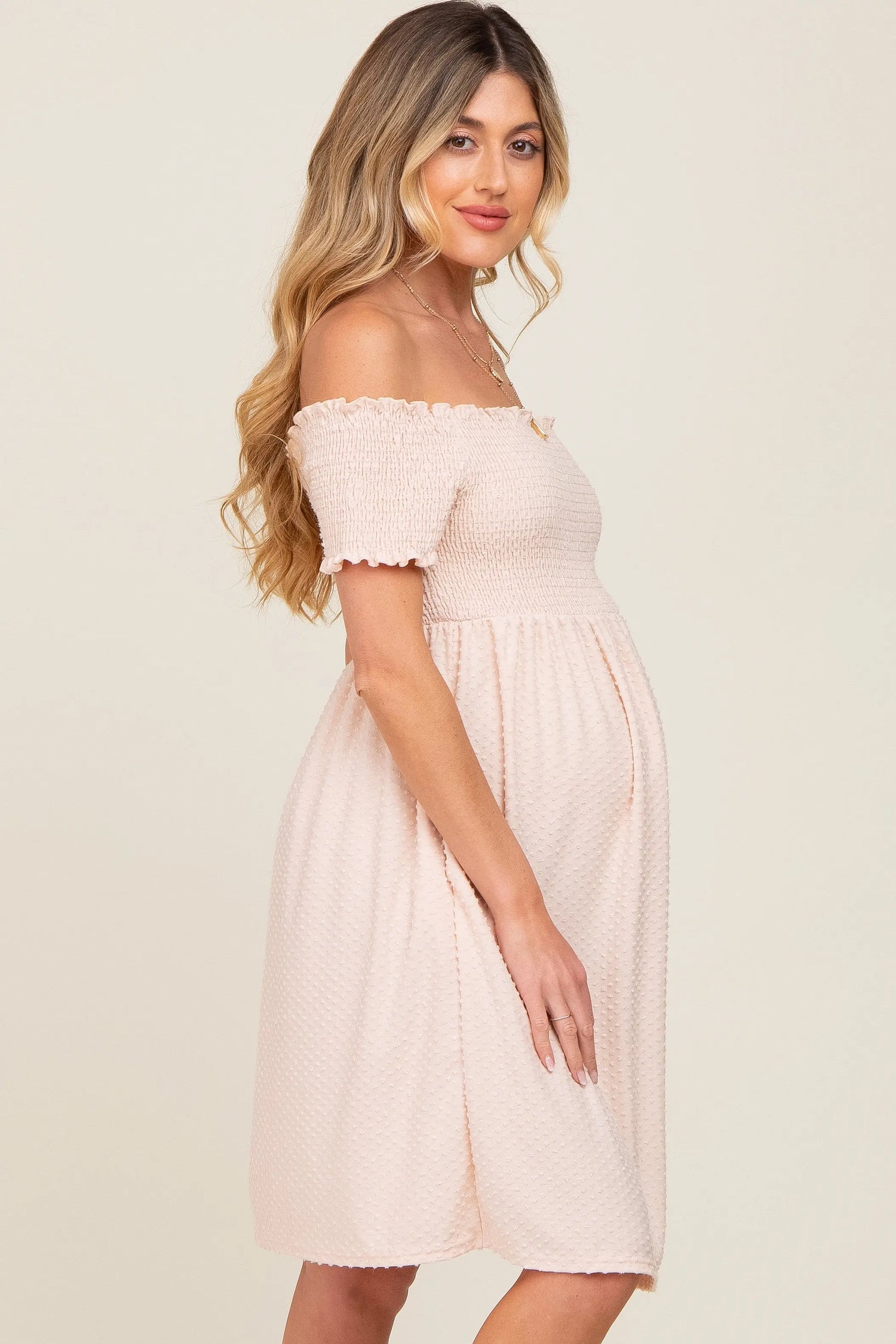 PinkBlush Peach Swiss Dot Maternity Dress with Smocked Bust and Pockets for Moms - Apparel & Accessories > Clothing > Dresses