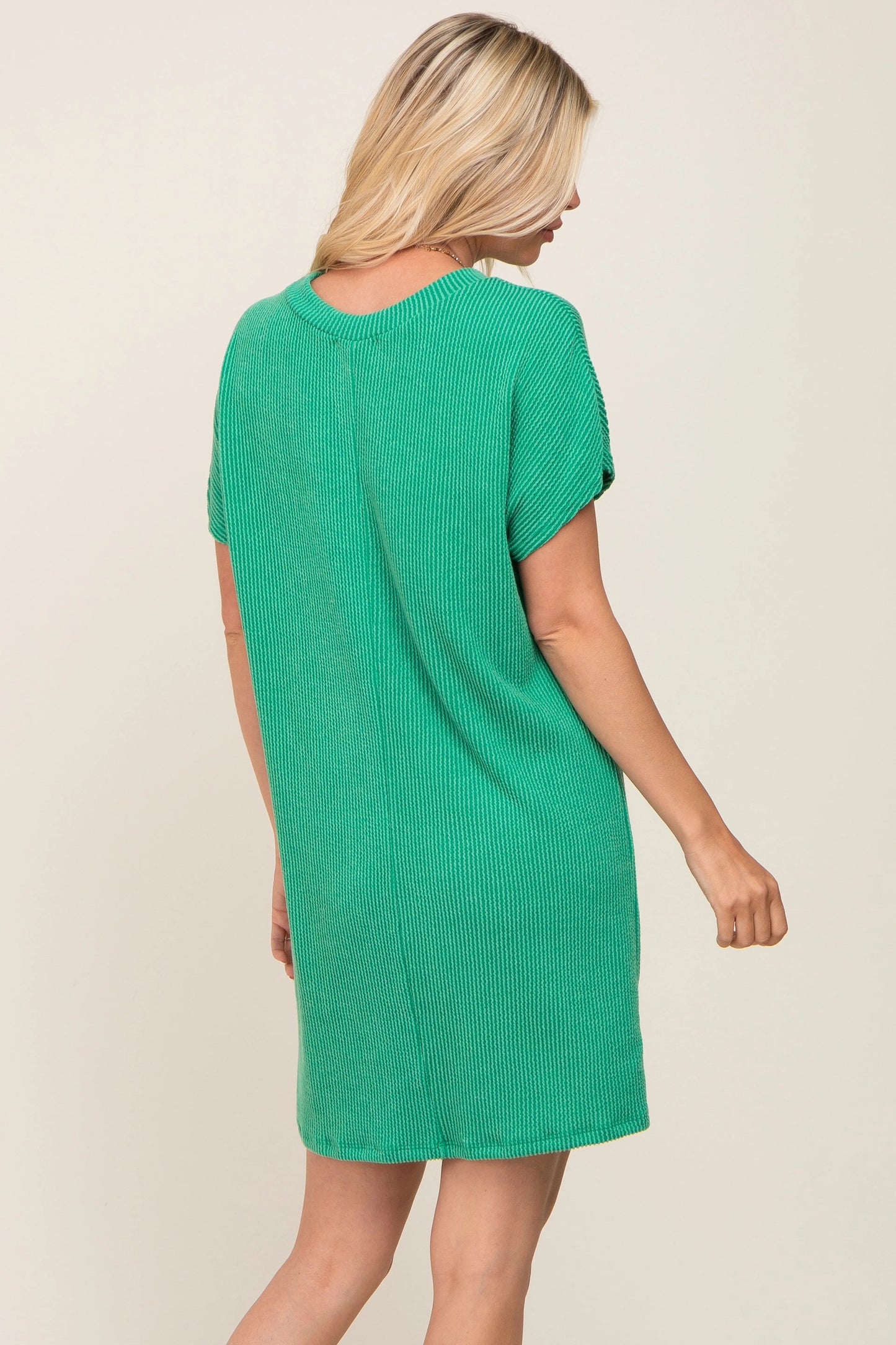 Green Ribbed Front Pocket Dolman Short Sleeve Dress PinkBlush