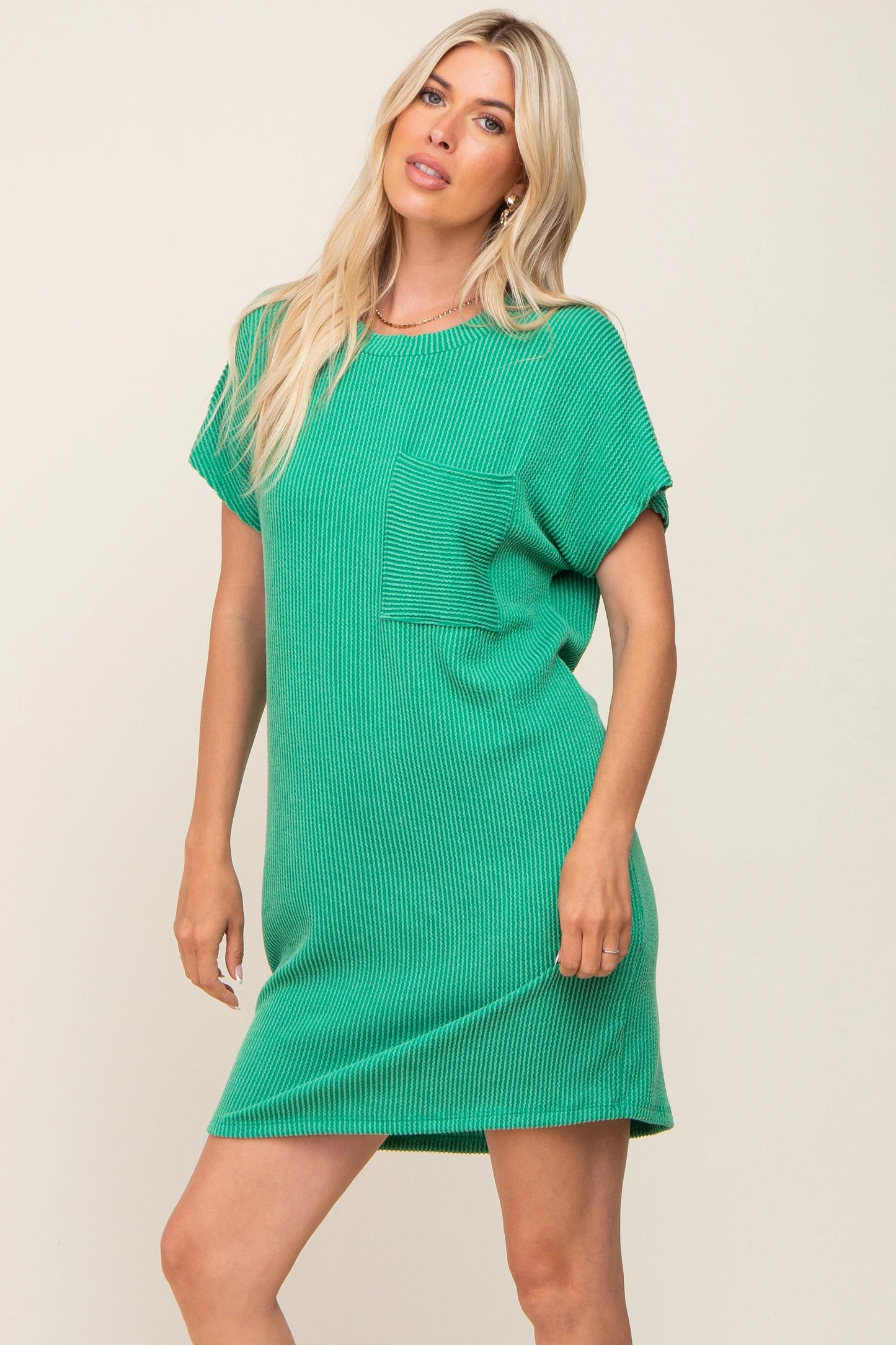 Green Ribbed Front Pocket Dolman Short Sleeve Dress PinkBlush