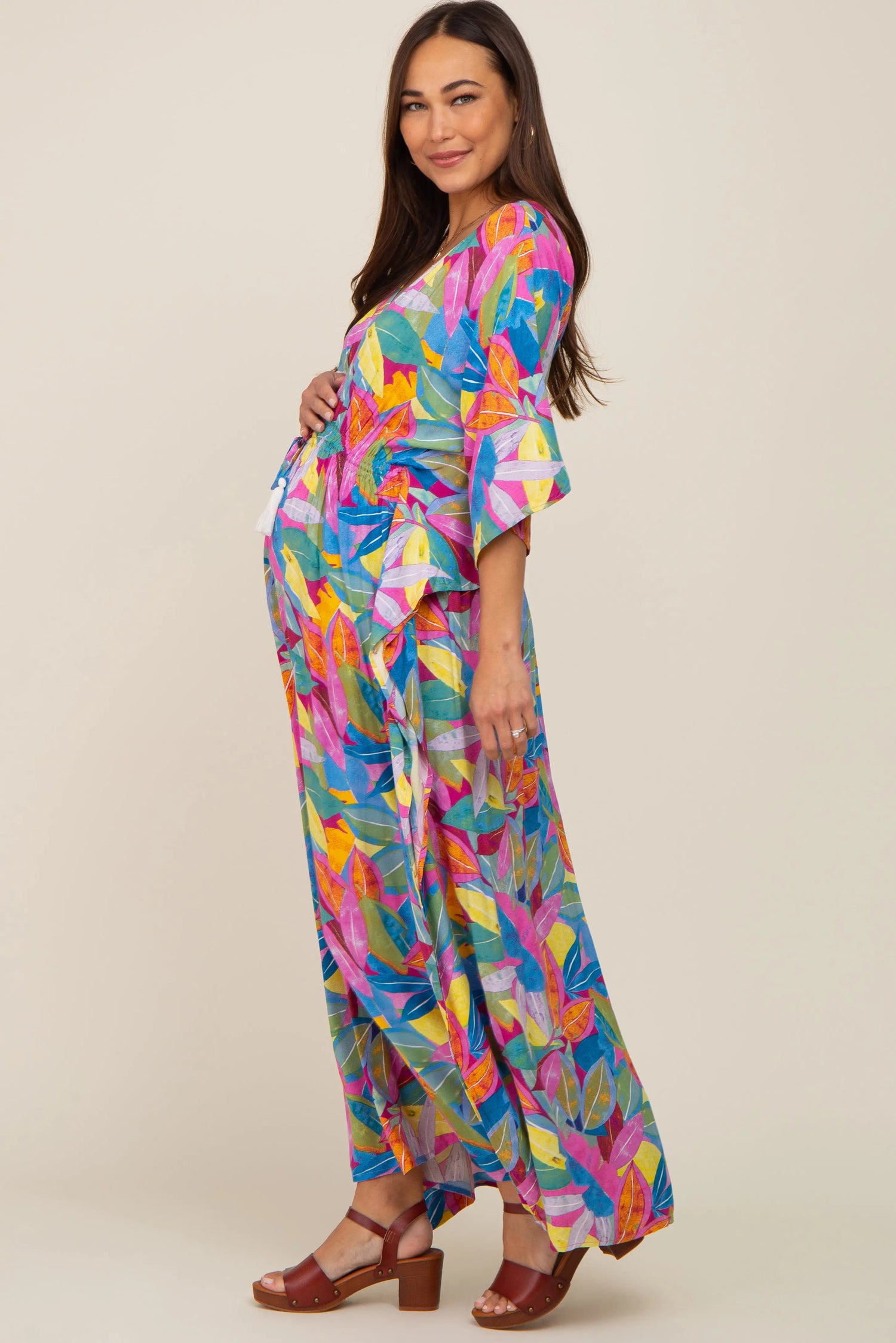PinkBlush Magenta Maternity Maxi Dress with Leaf Print and Tassel Tie for Stylish Moms - Apparel & Accessories > Clothing > Dresses