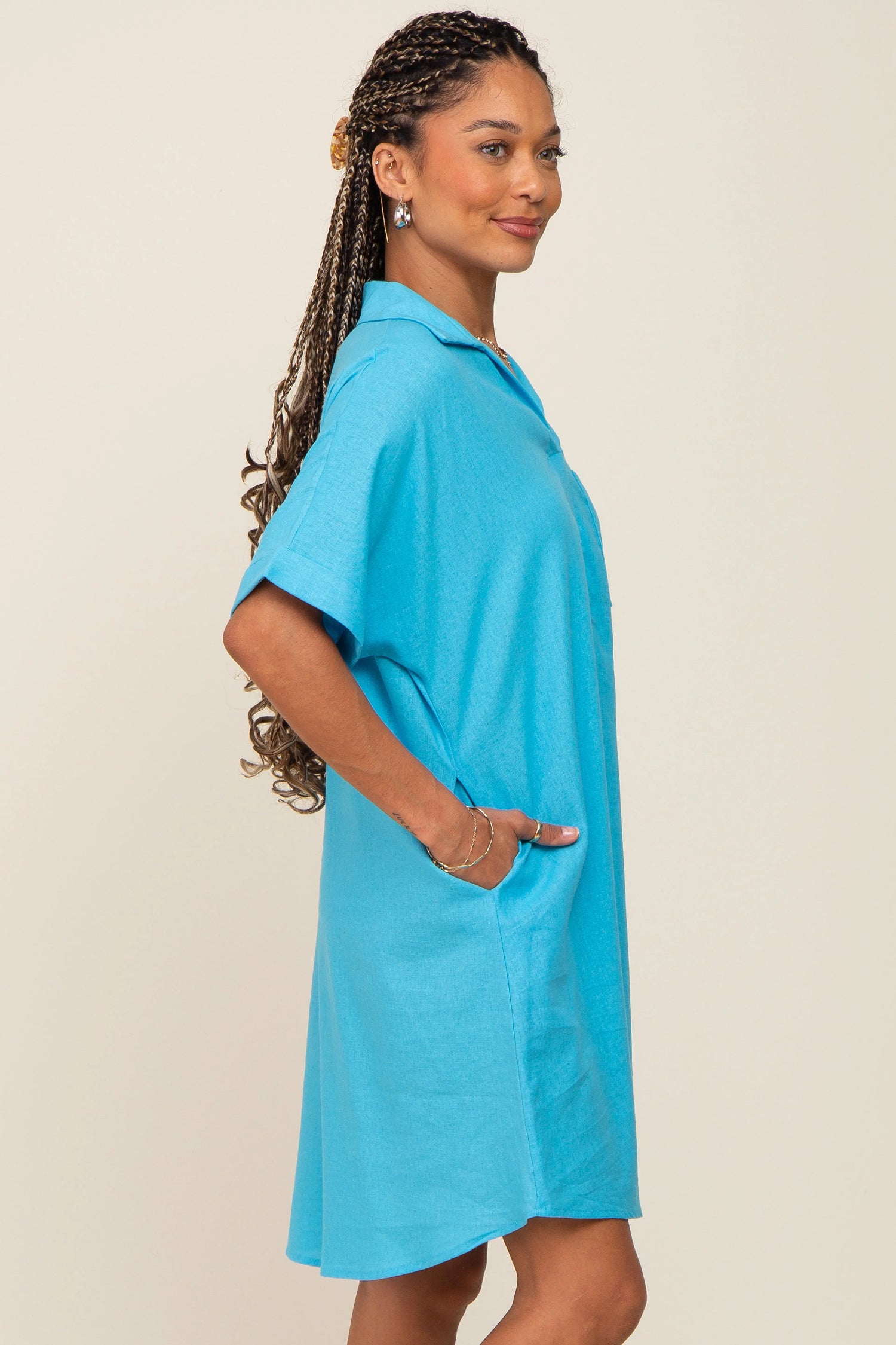 PinkBlush Light Blue Linen Dress with Front Pocket for Stylish Summer Wear - Apparel & Accessories > Clothing > Dresses