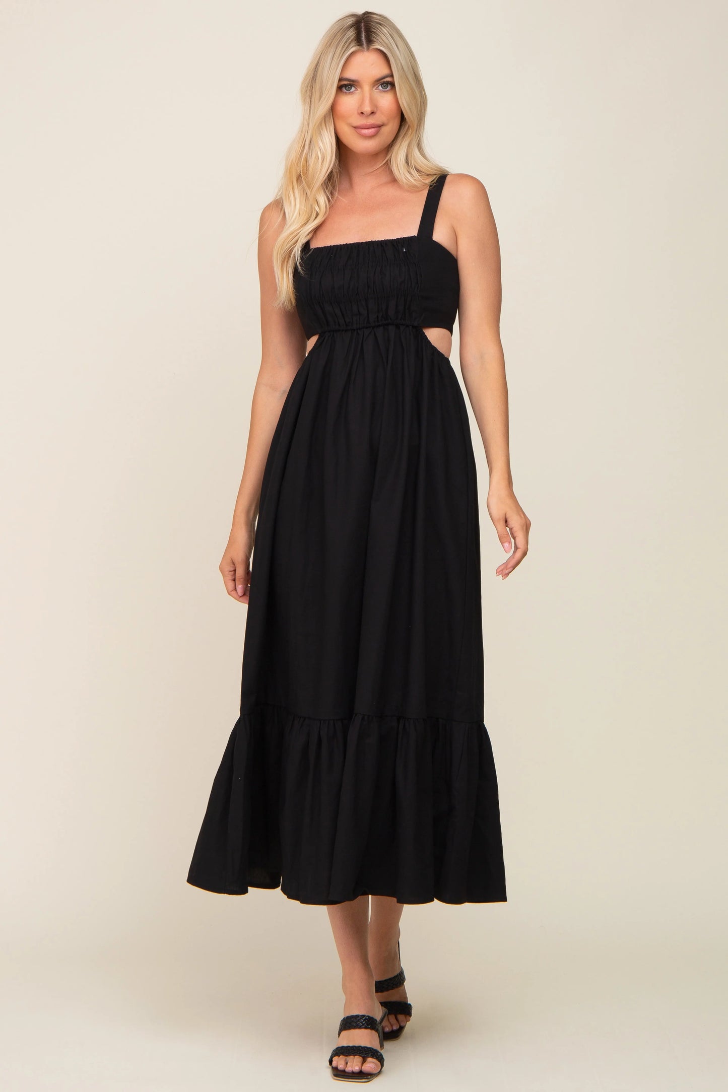 PinkBlush Elegant Black Maxi Dress with Cutout Ruffle Hem for Modern Women - Apparel & Accessories > Clothing > Dresses