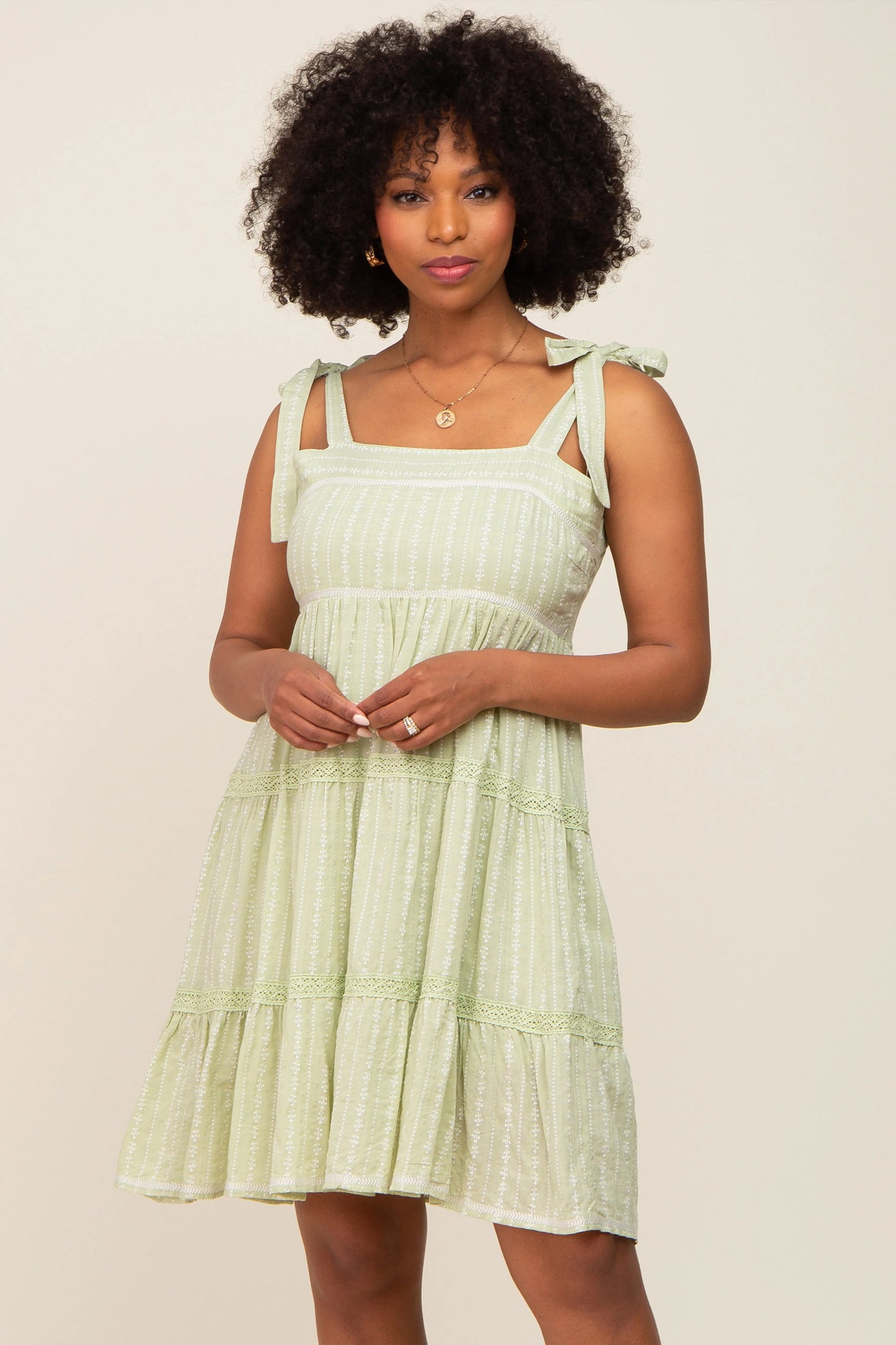 Sage Printed Sleeveless Tiered Dress with Self Tie Shoulder Straps and Square Neckline PinkBlush