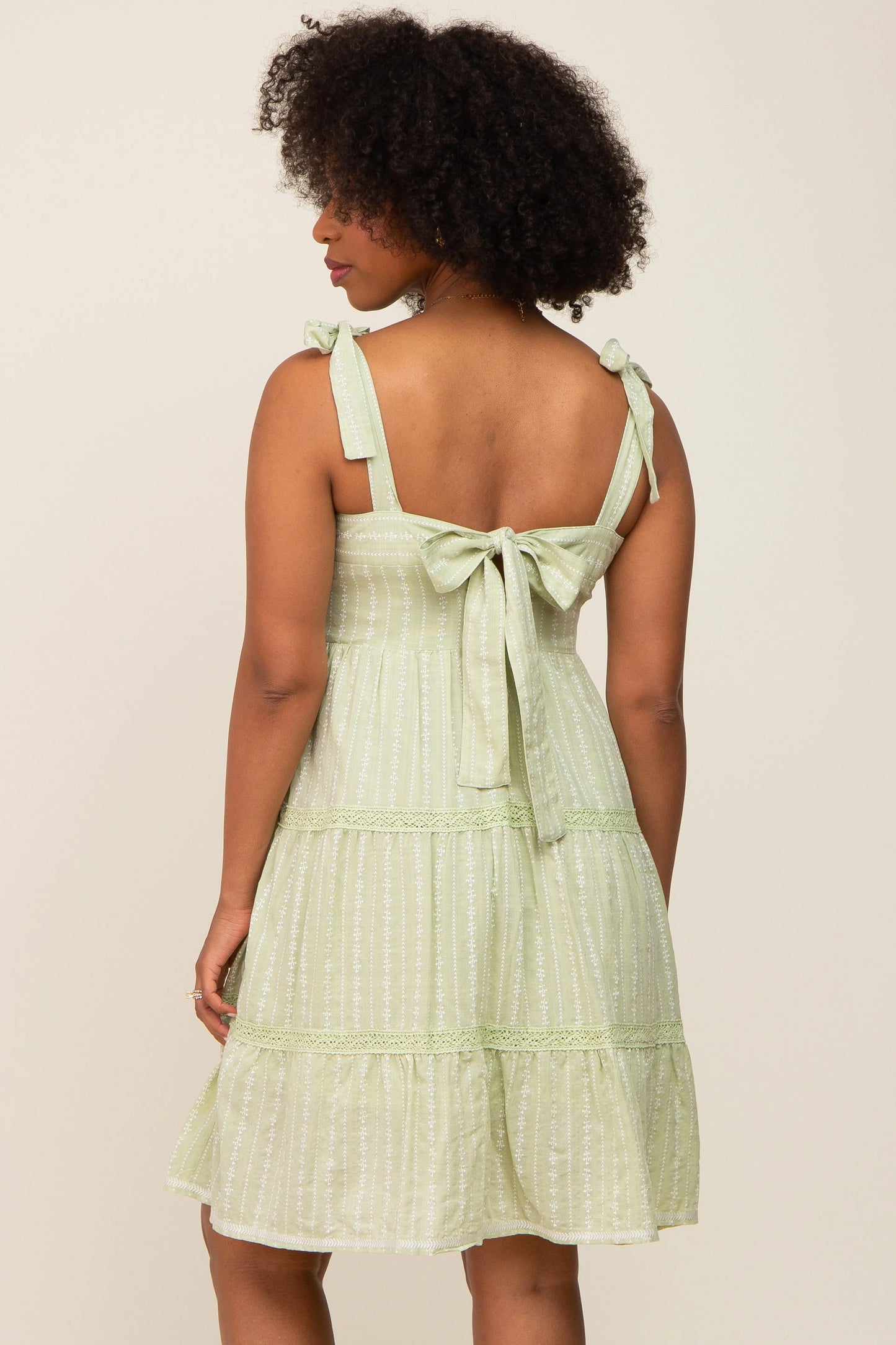 Sage Printed Sleeveless Tiered Dress with Self Tie Shoulder Straps and Square Neckline PinkBlush