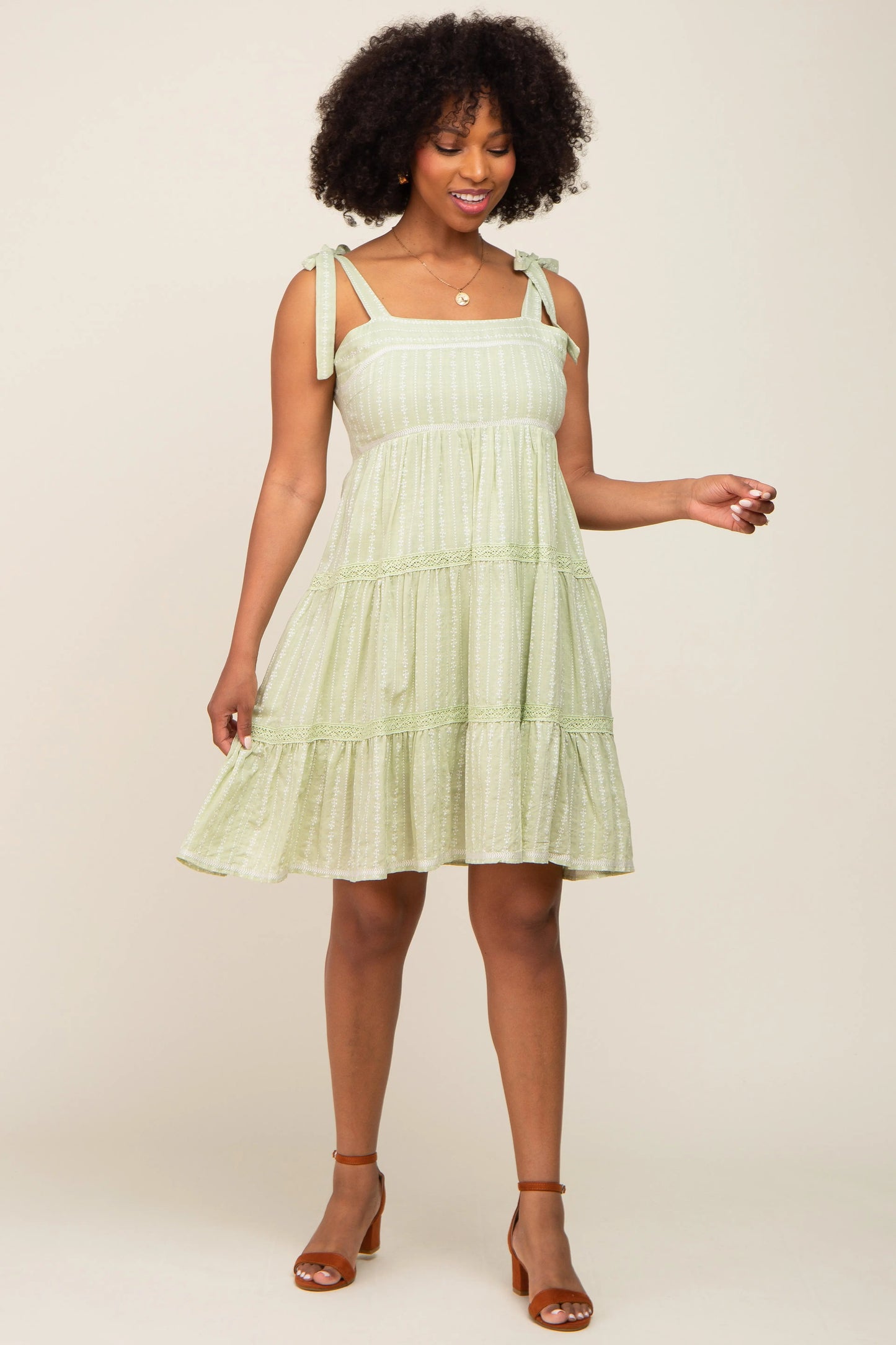 Sage Printed Sleeveless Tiered Dress with Self Tie Shoulder Straps and Square Neckline PinkBlush