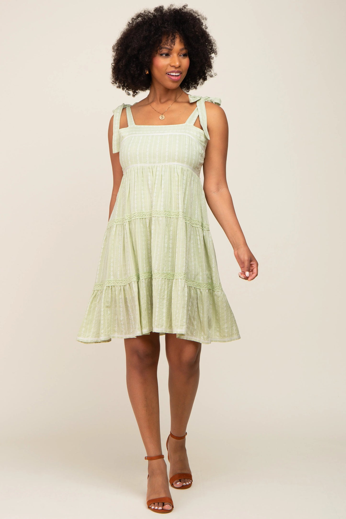 Sage Printed Sleeveless Tiered Dress with Self Tie Shoulder Straps and Square Neckline PinkBlush