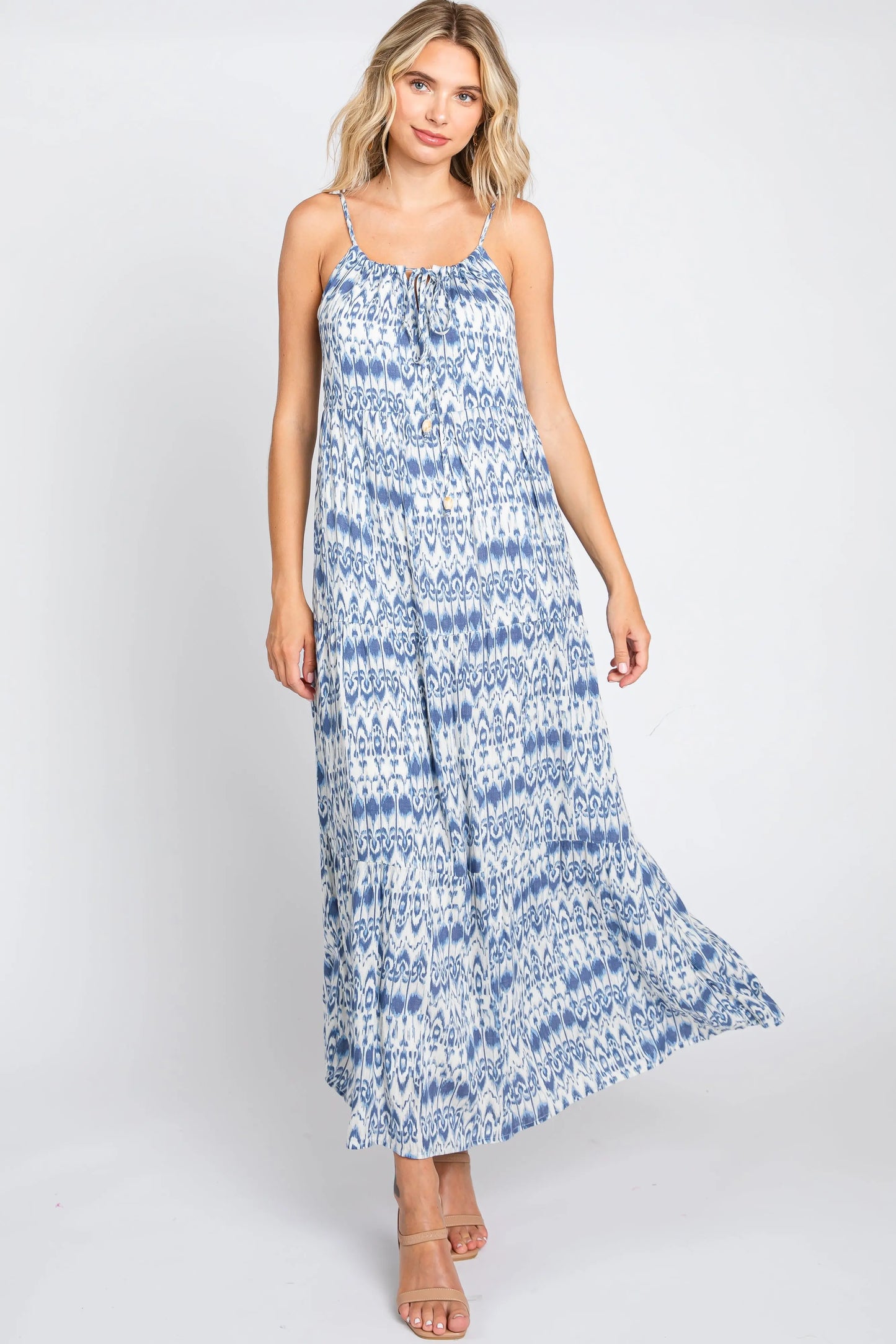 Blue Printed Tiered Maxi Dress with Back Cutout and Adjustable Straps PinkBlush
