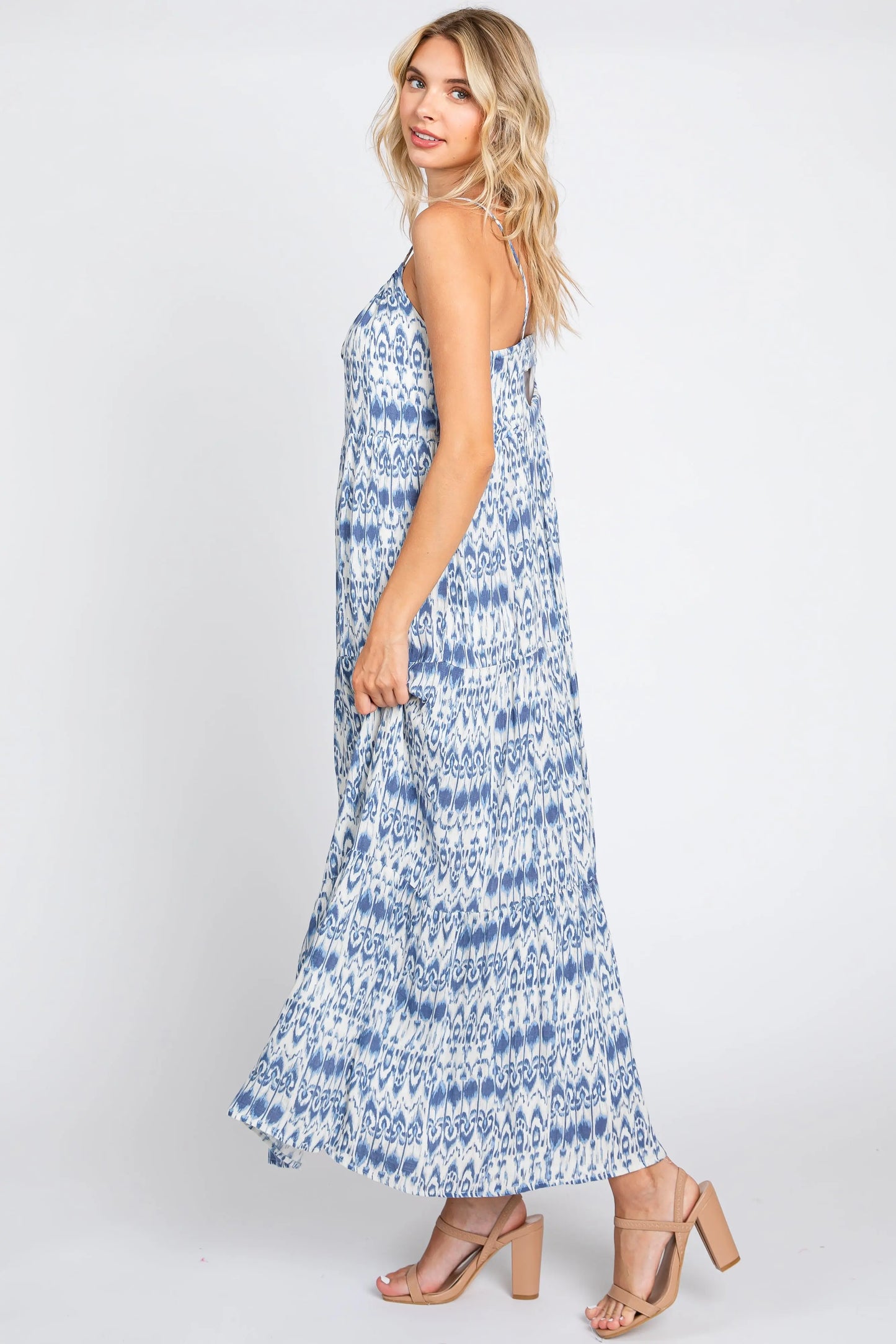 Blue Printed Tiered Maxi Dress with Back Cutout and Adjustable Straps PinkBlush