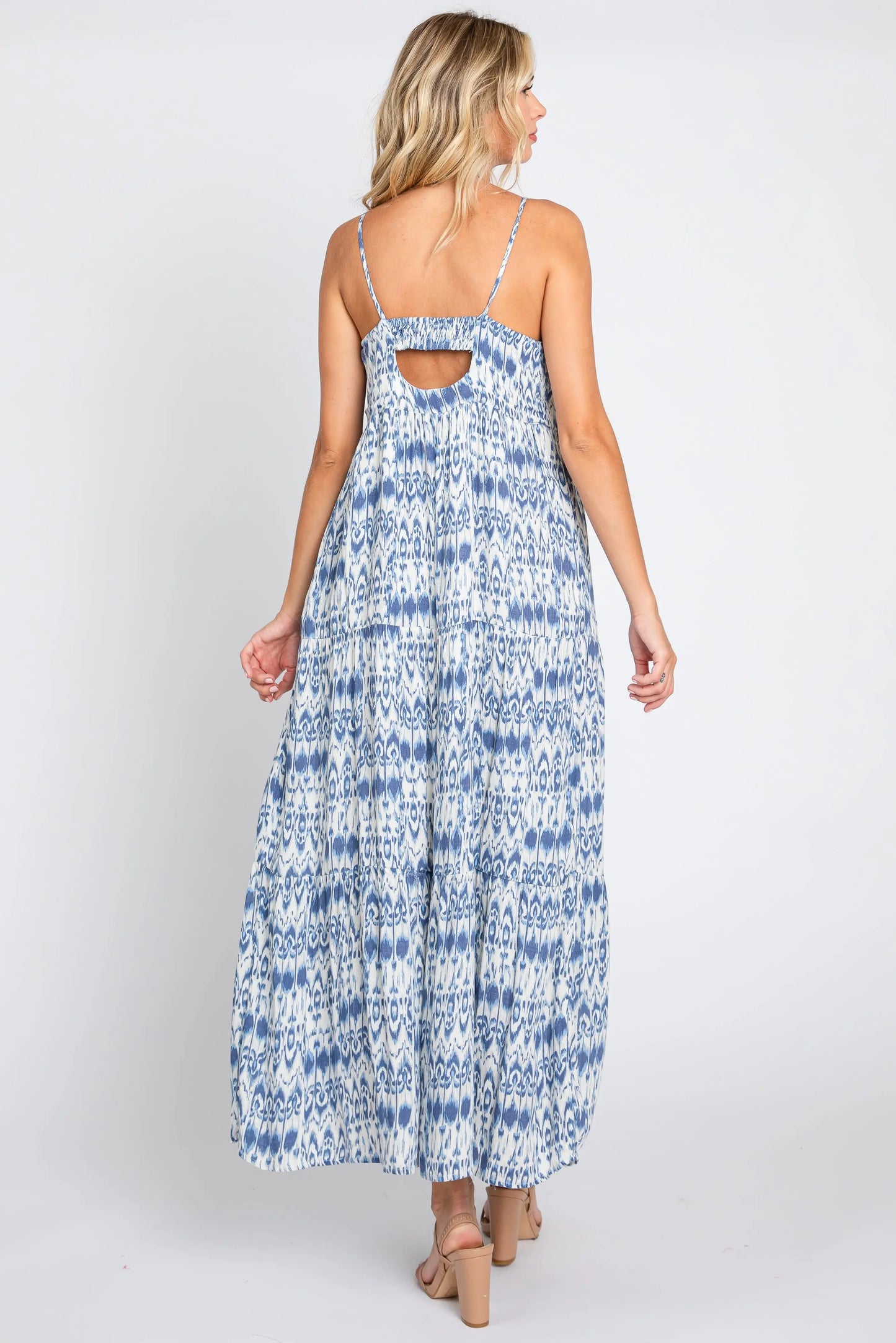 Blue Printed Tiered Maxi Dress with Back Cutout and Adjustable Straps PinkBlush