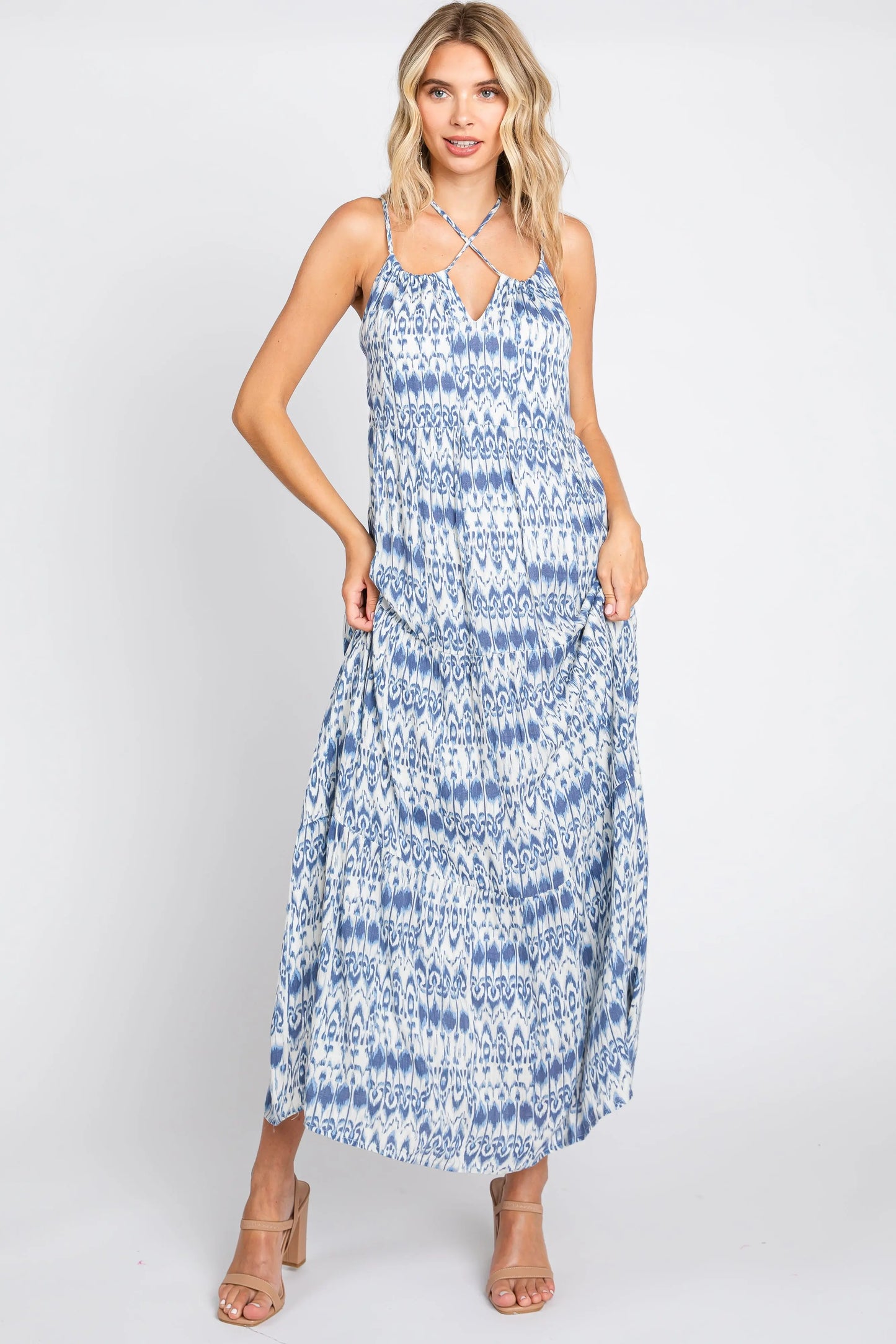 Blue Printed Tiered Maxi Dress with Back Cutout and Adjustable Straps PinkBlush