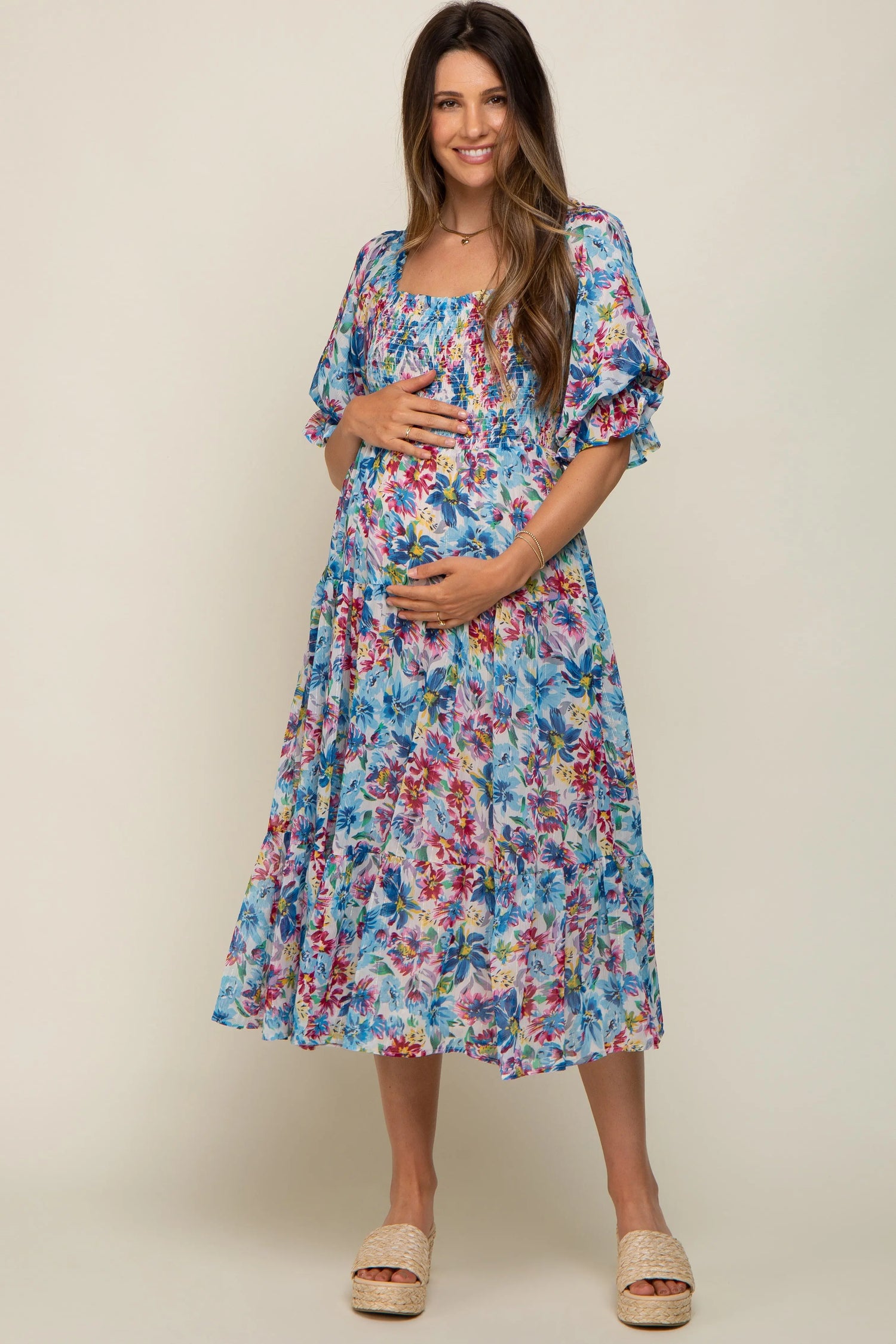 PinkBlush Elegant Chiffon Maternity Dress with Ruffle Design for Expecting Mothers - Apparel & Accessories > Clothing > Dresses