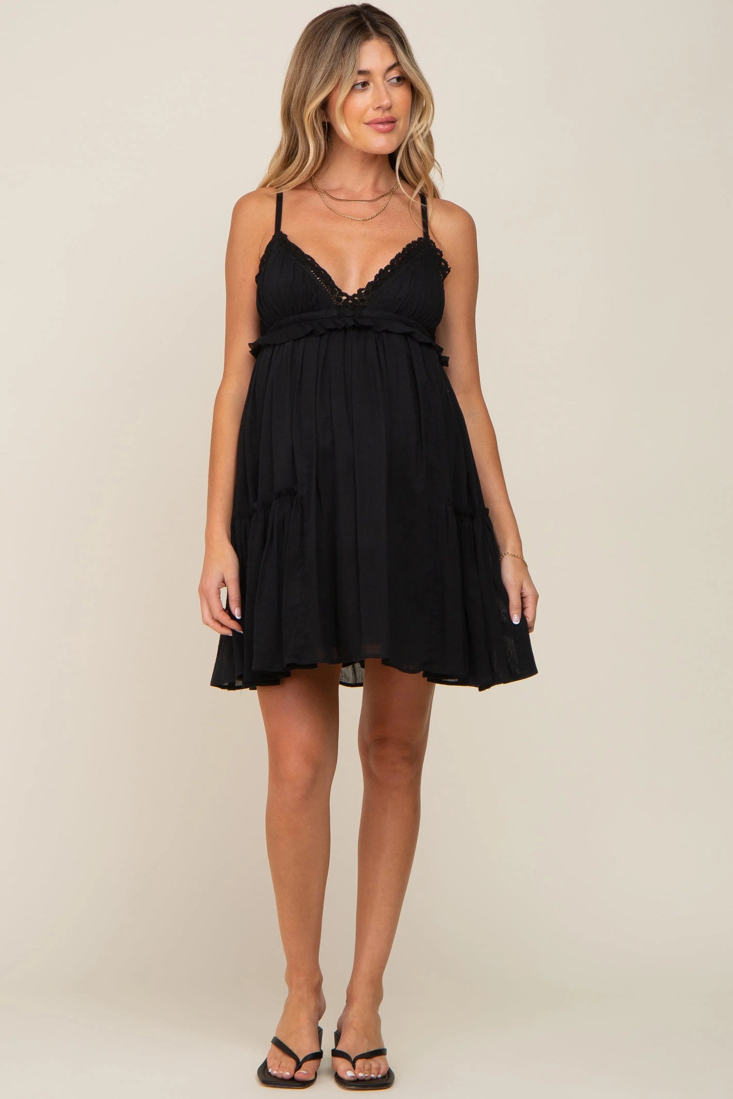 Black Crochet Ruffle Maternity Dress With V Neckline And Adjustable Straps PinkBlush