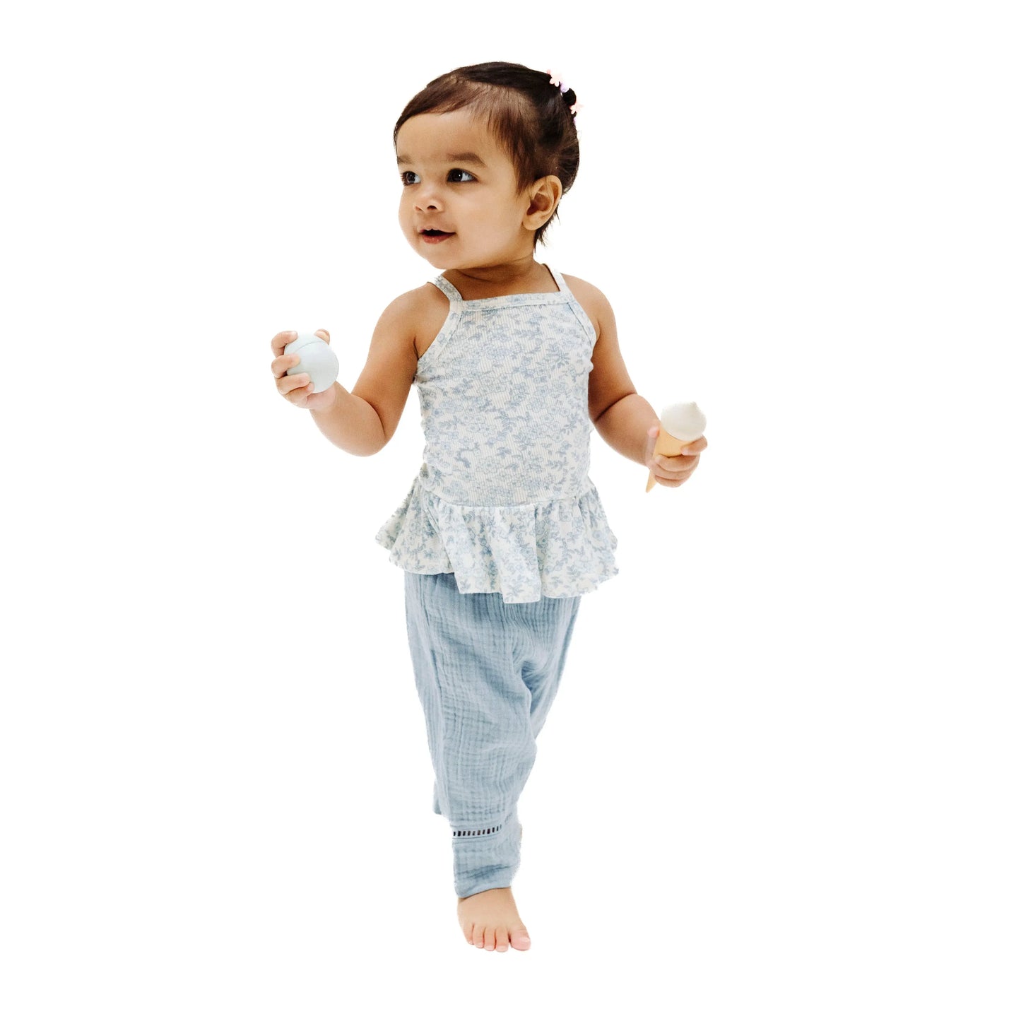 Peplum Tank and Smocked Waist Pants Set in Blue Calico Floral for Girls Angel Dear
