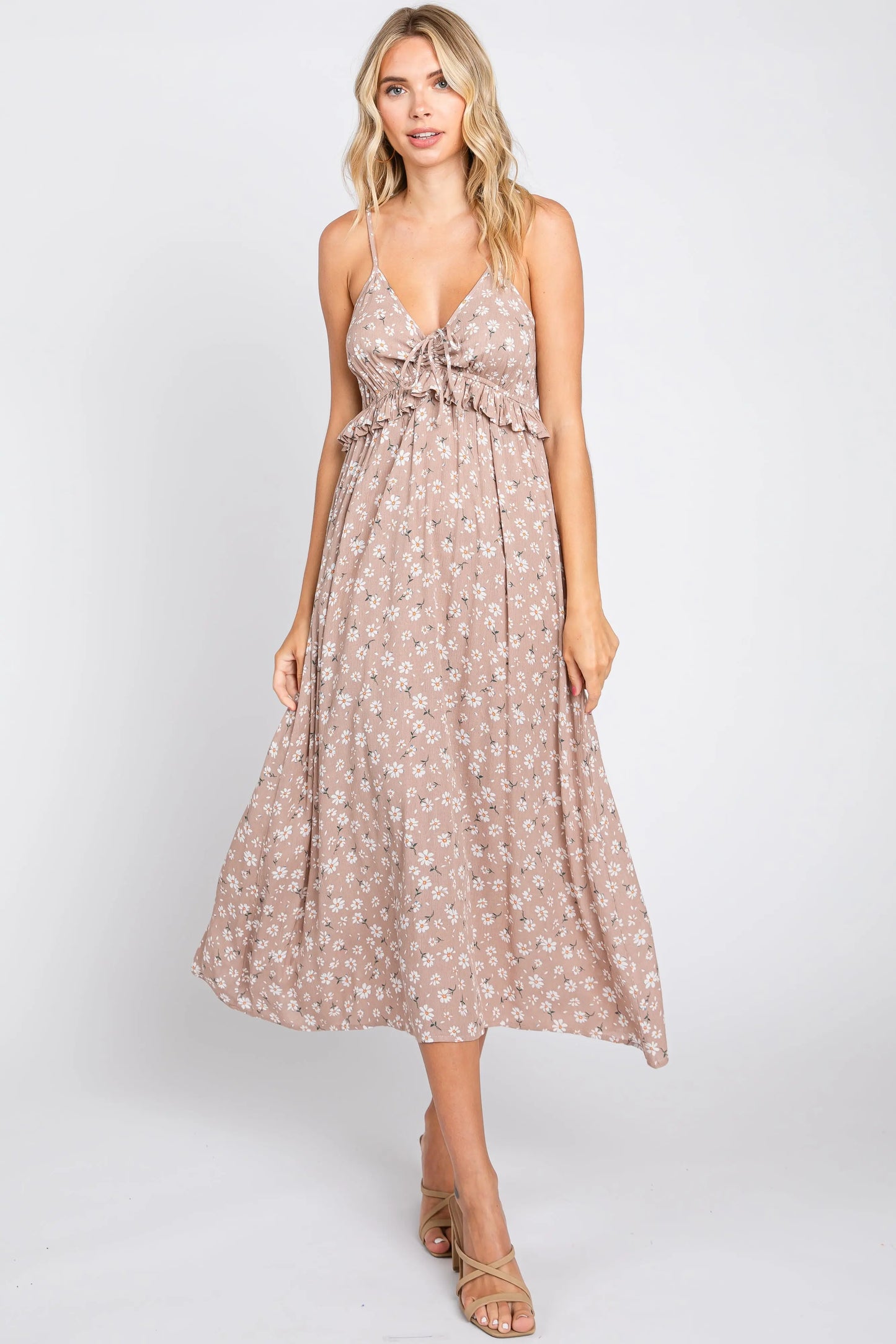 Mocha Daisy Floral Front Tie Ruffle Waist Maternity Midi Dress PinkBlush