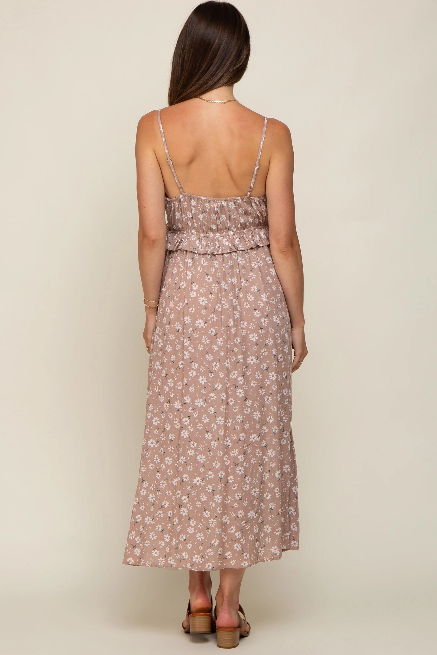 Mocha Daisy Floral Front Tie Ruffle Waist Maternity Midi Dress PinkBlush
