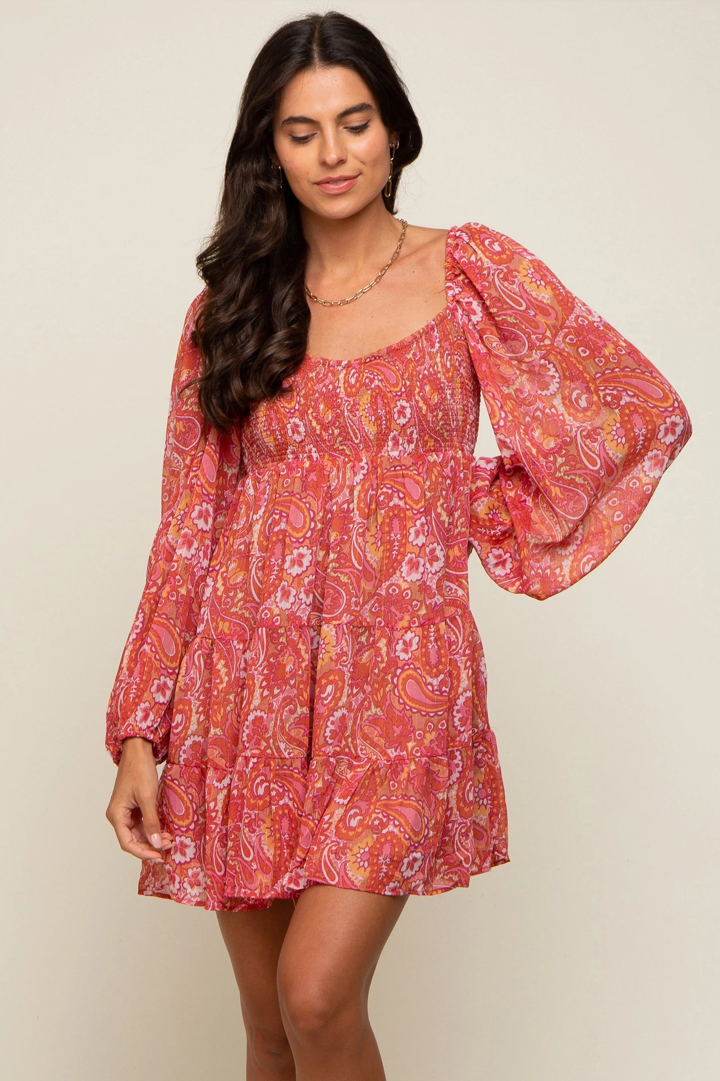Red Paisley Tiered Long Sleeve Maternity Mini Dress PinkBlush