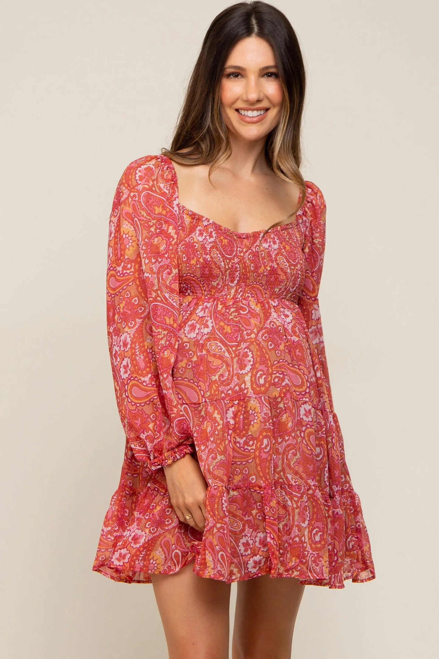 Red Paisley Tiered Long Sleeve Maternity Mini Dress PinkBlush