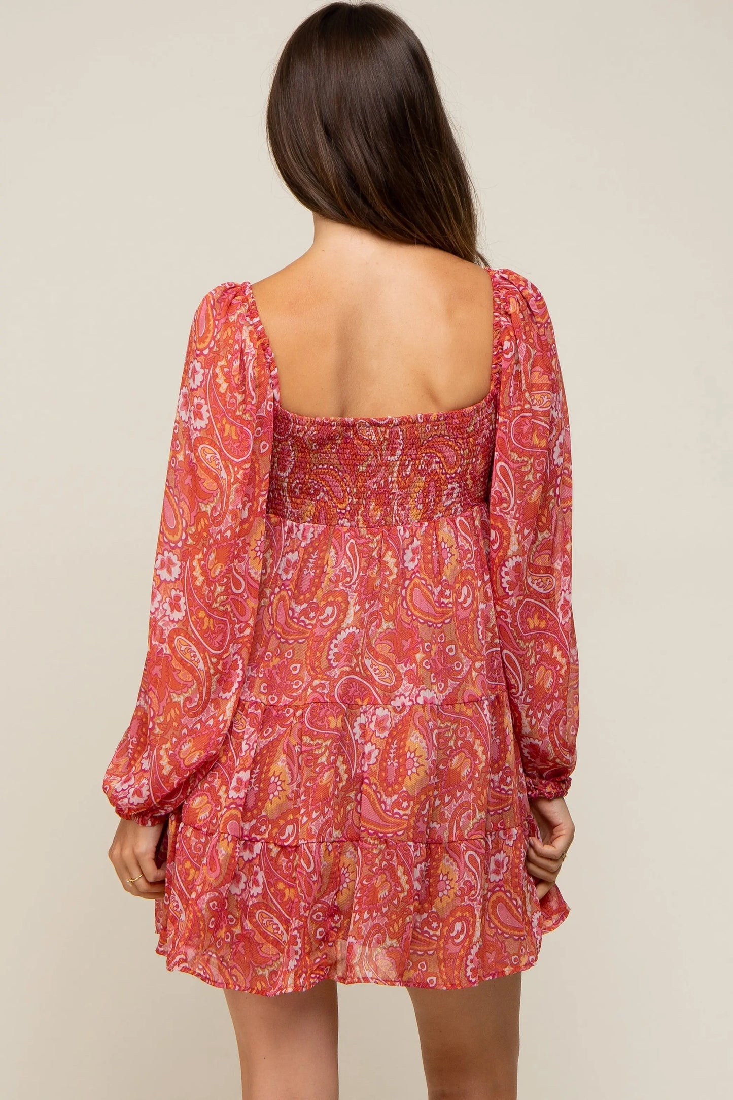 Red Paisley Tiered Long Sleeve Maternity Mini Dress PinkBlush