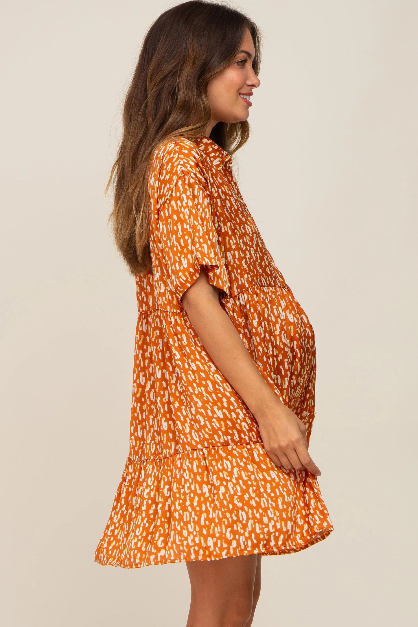 Rust Printed Satin Collared Maternity Dress with Functioning Buttons and Pockets PinkBlush