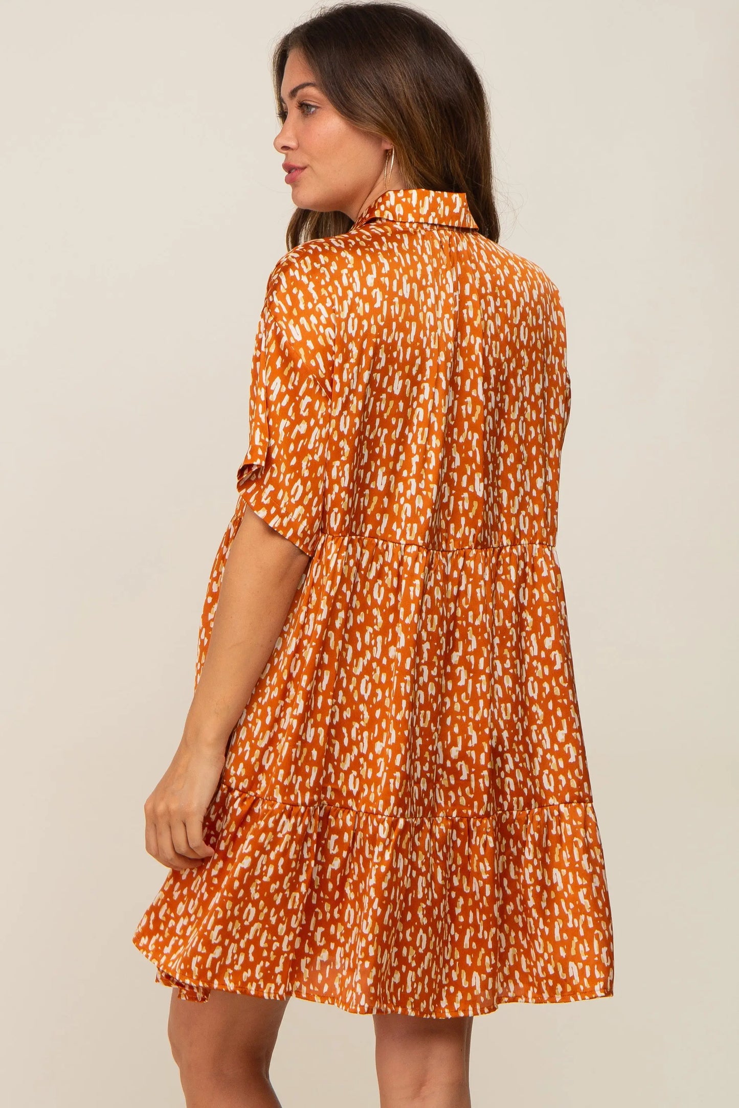 Rust Printed Satin Collared Maternity Dress with Functioning Buttons and Pockets PinkBlush
