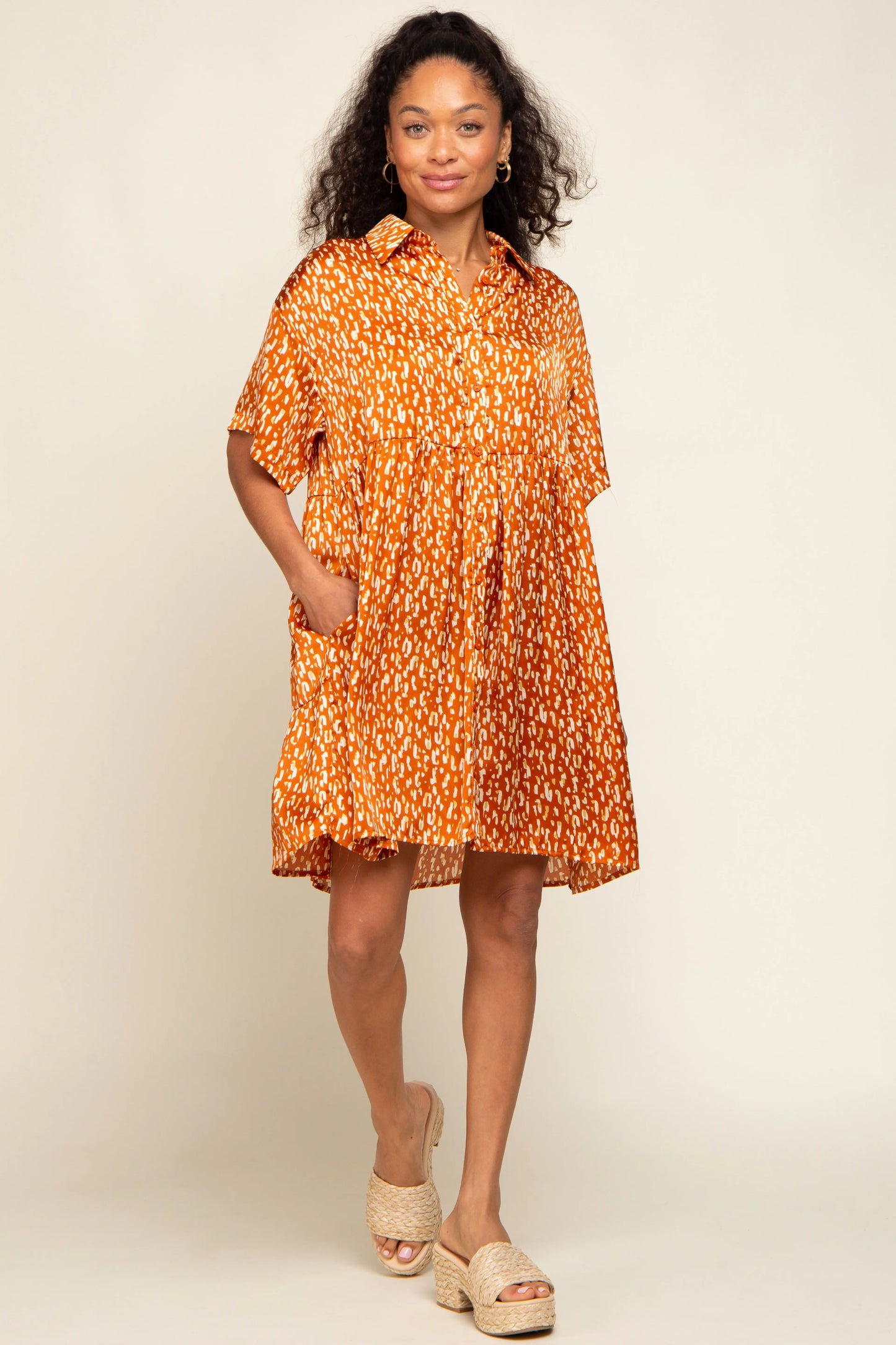Rust Printed Satin Collared Maternity Dress with Functioning Buttons and Pockets PinkBlush