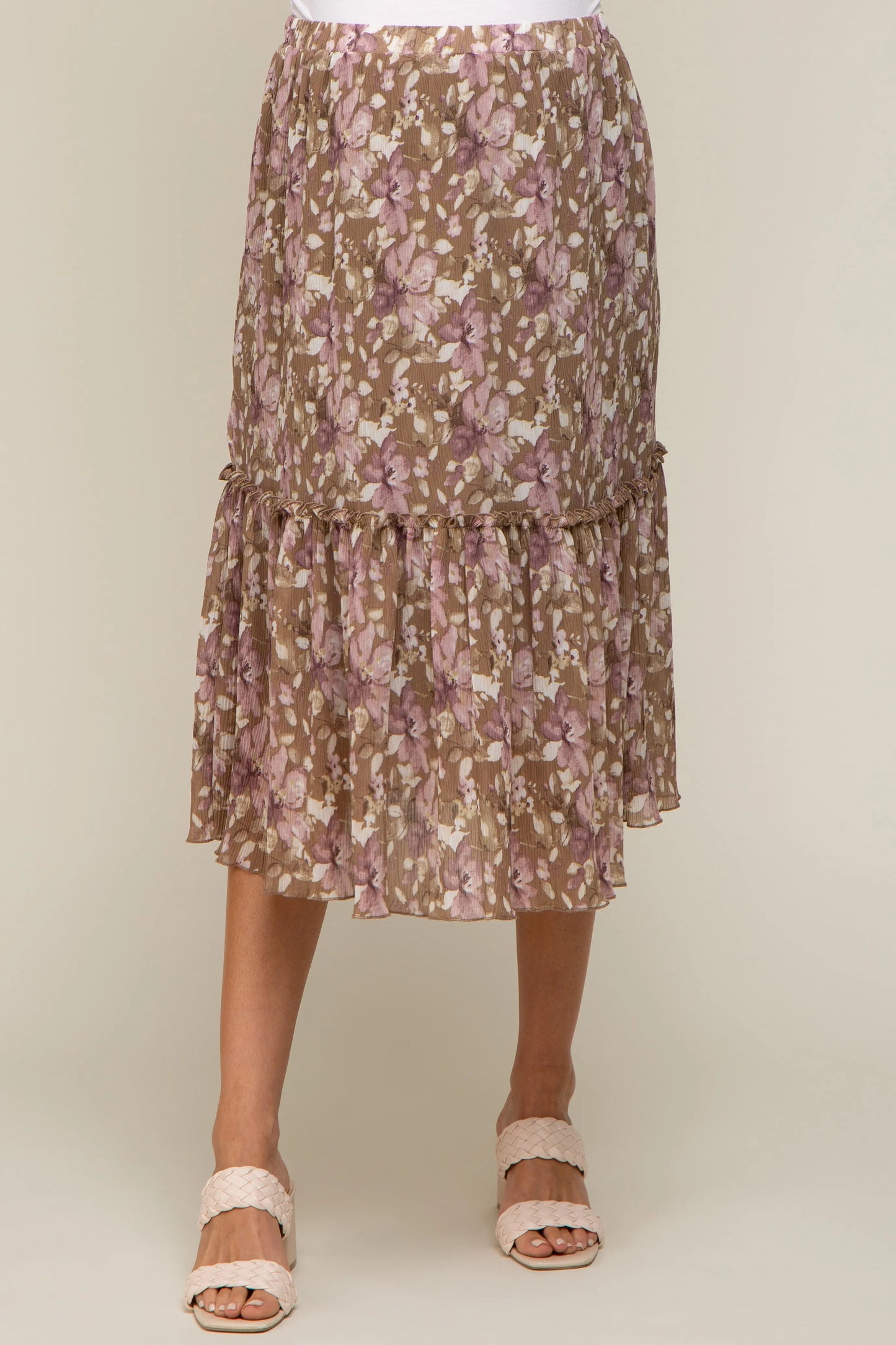 PinkBlush Mocha Floral Maternity Midi Skirt with Ruffle Accent for Expecting Mothers - Apparel & Accessories > Clothing > Dresses