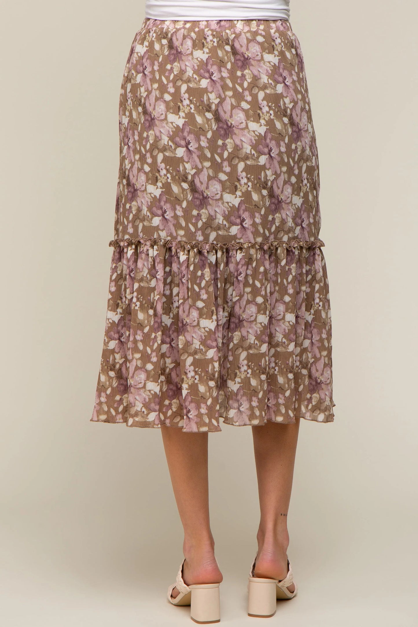 PinkBlush Mocha Floral Maternity Midi Skirt with Ruffle Accent for Expecting Mothers - Apparel & Accessories > Clothing > Dresses