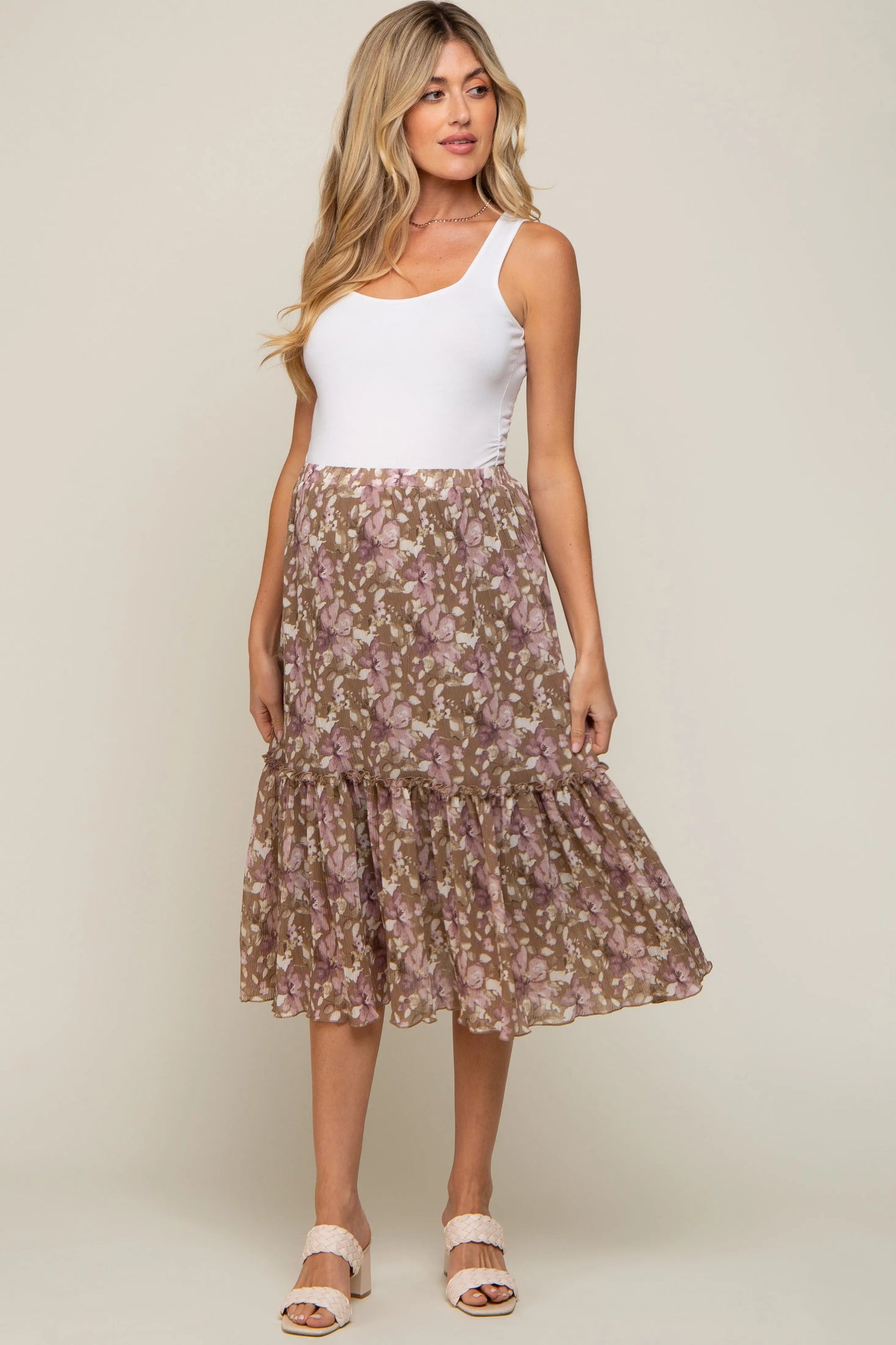PinkBlush Mocha Floral Maternity Midi Skirt with Ruffle Accent for Expecting Mothers - Apparel & Accessories > Clothing > Dresses
