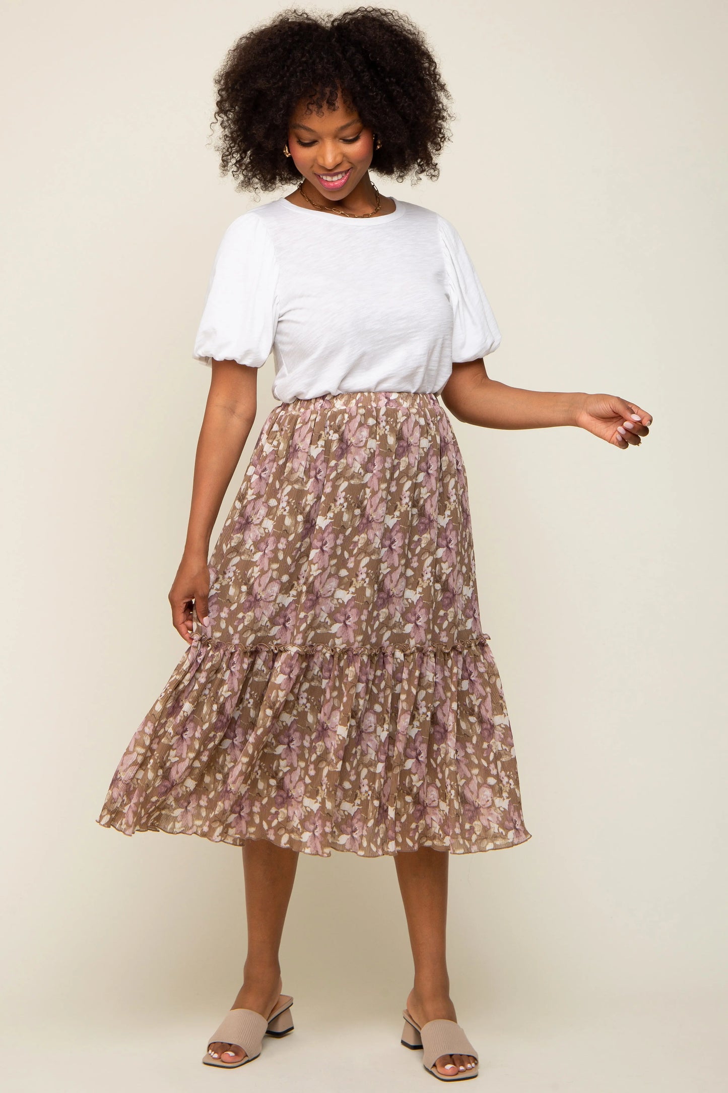 PinkBlush Mocha Floral Maternity Midi Skirt with Ruffle Accent for Expecting Mothers - Apparel & Accessories > Clothing > Dresses