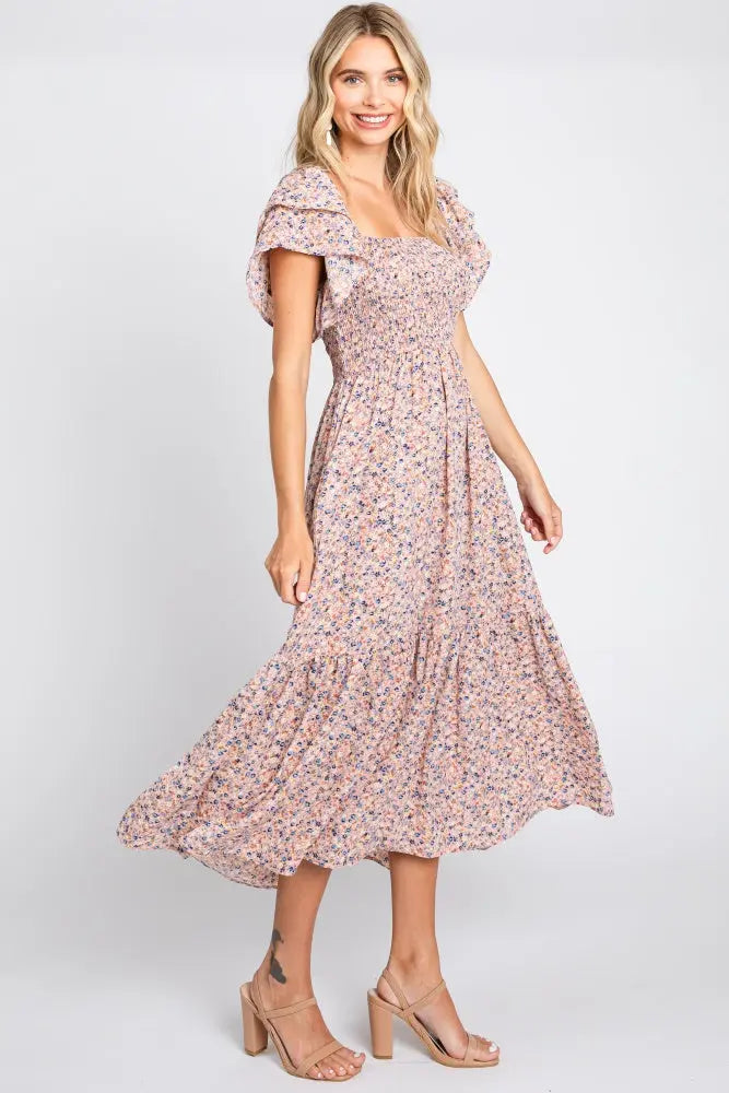 PinkBlush Chic Floral Midi Dress with Smocked Top and Ruffle Hem for Women - Apparel & Accessories > Clothing > Dresses