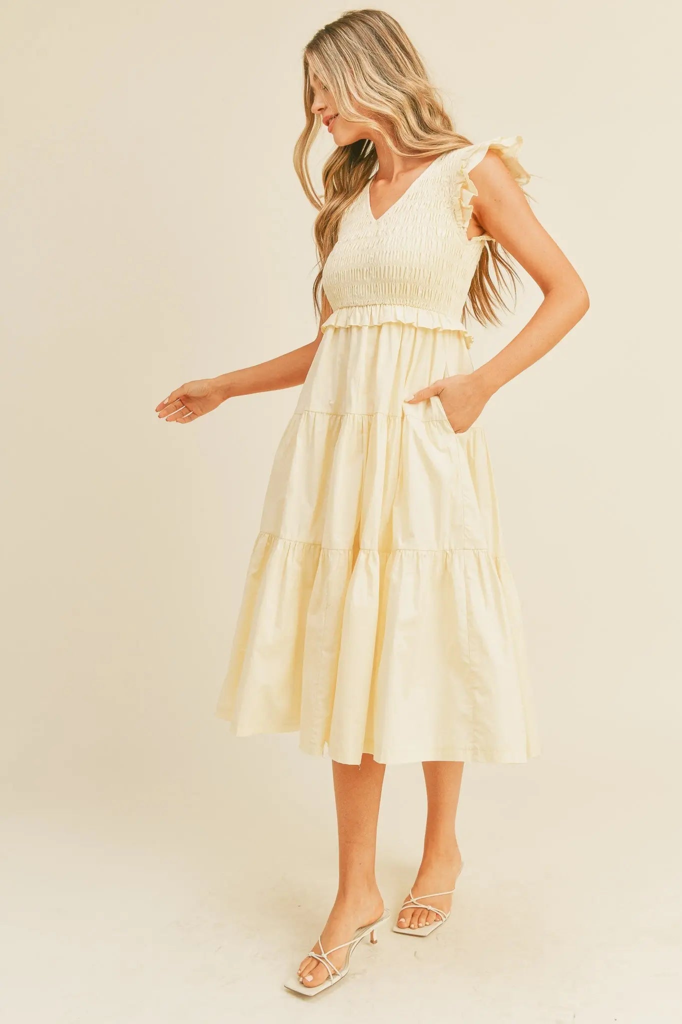 PinkBlush PinkBlush Cream Smocked Flutter Sleeve Midi Dress with Pockets for Women - Apparel & Accessories > Clothing > Dresses