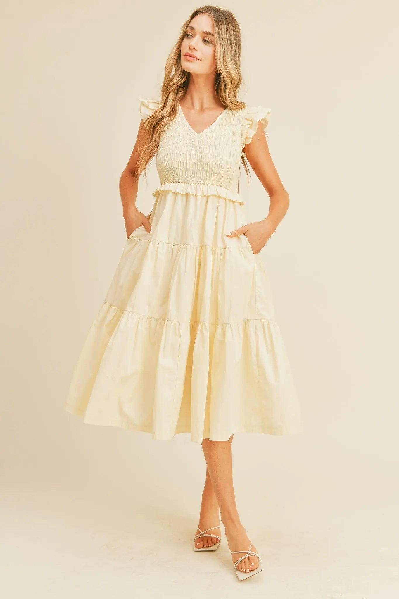 PinkBlush PinkBlush Cream Smocked Flutter Sleeve Midi Dress with Pockets for Women - Apparel & Accessories > Clothing > Dresses