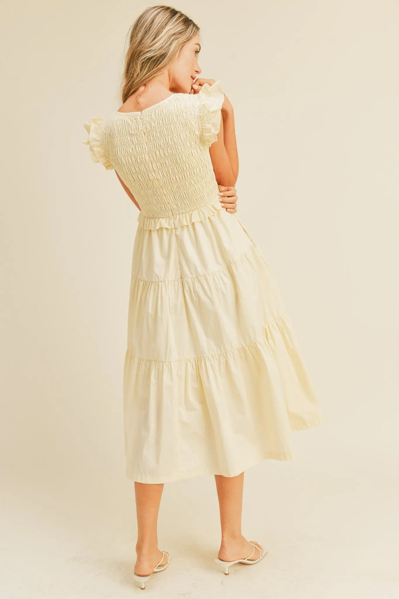 PinkBlush PinkBlush Cream Smocked Flutter Sleeve Midi Dress with Pockets for Women - Apparel & Accessories > Clothing > Dresses
