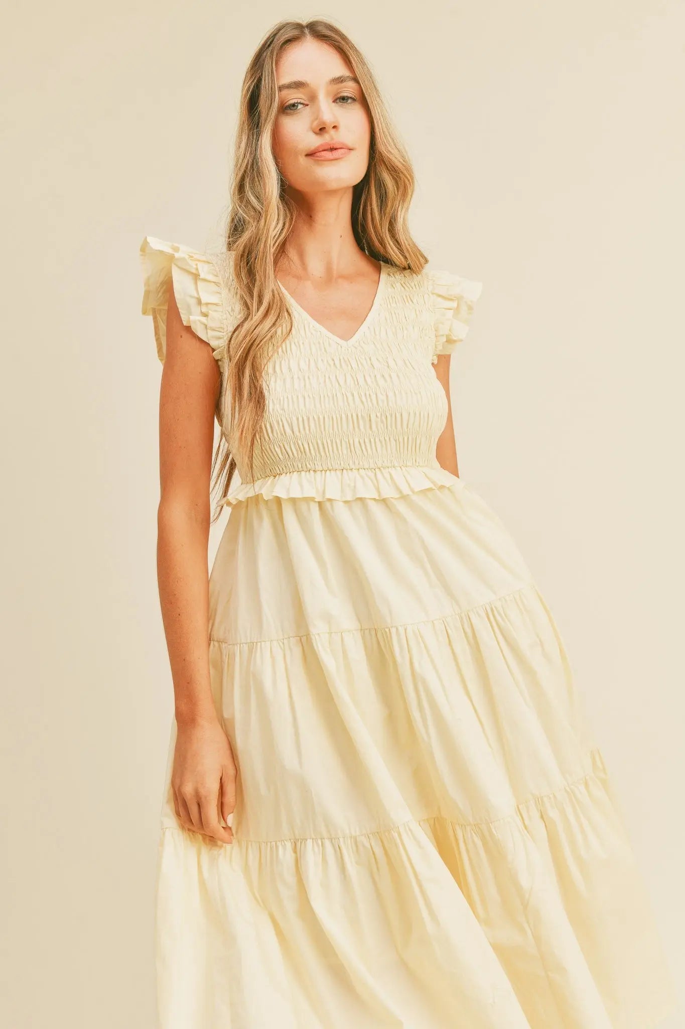 PinkBlush PinkBlush Cream Smocked Flutter Sleeve Midi Dress with Pockets for Women - Apparel & Accessories > Clothing > Dresses