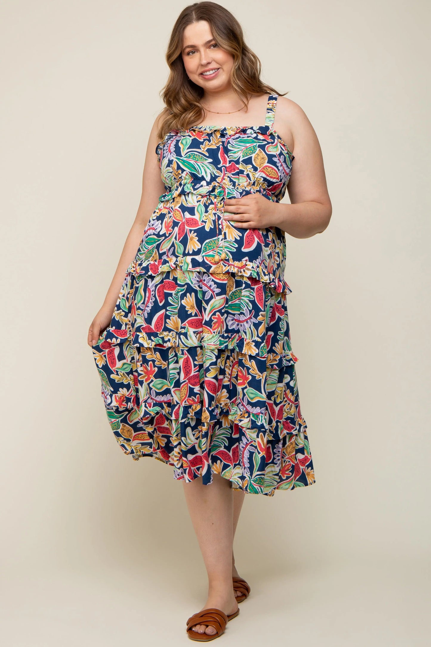 PinkBlush PinkBlush Floral Tiered Maternity Midi Dress for Stylish Moms-to-Be - Apparel & Accessories > Clothing > Dresses