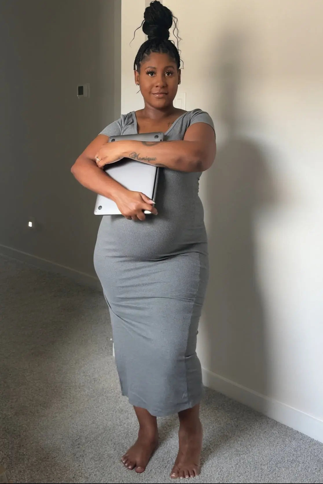 Grey Basic Ribbed Side Slit Maternity Midi Dress PinkBlush