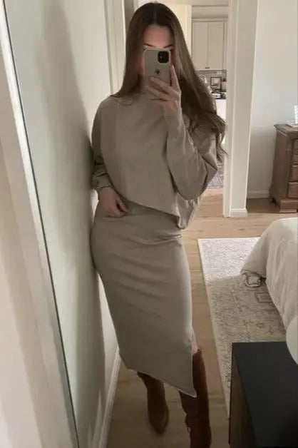 Beige Knit Long Sleeve Crop Top Midi Skirt Set PinkBlush