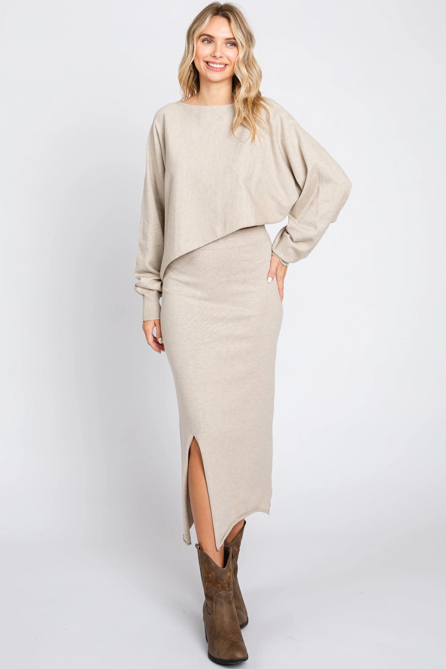 Beige Knit Long Sleeve Crop Top Midi Skirt Set PinkBlush