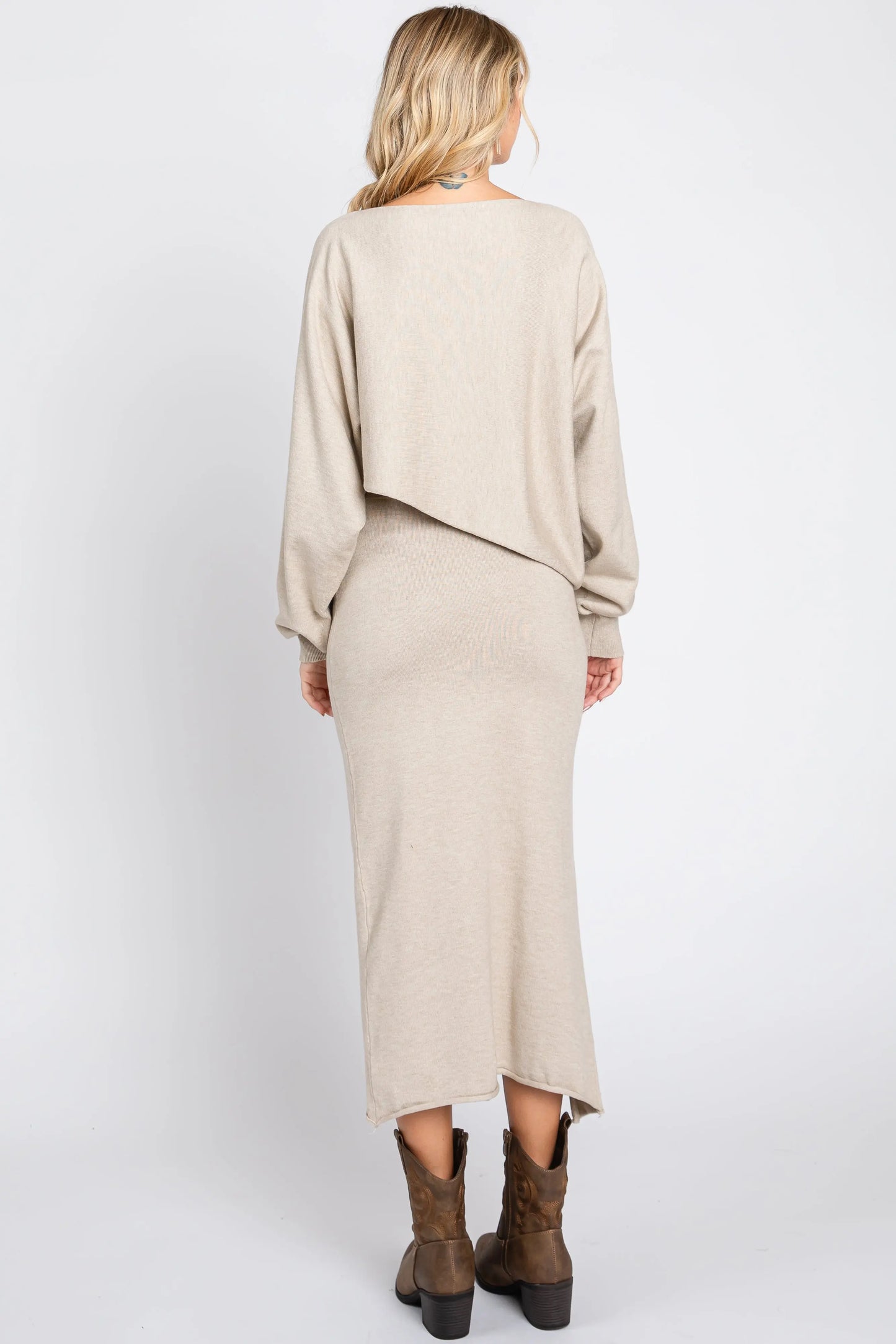 Beige Knit Long Sleeve Crop Top Midi Skirt Set PinkBlush