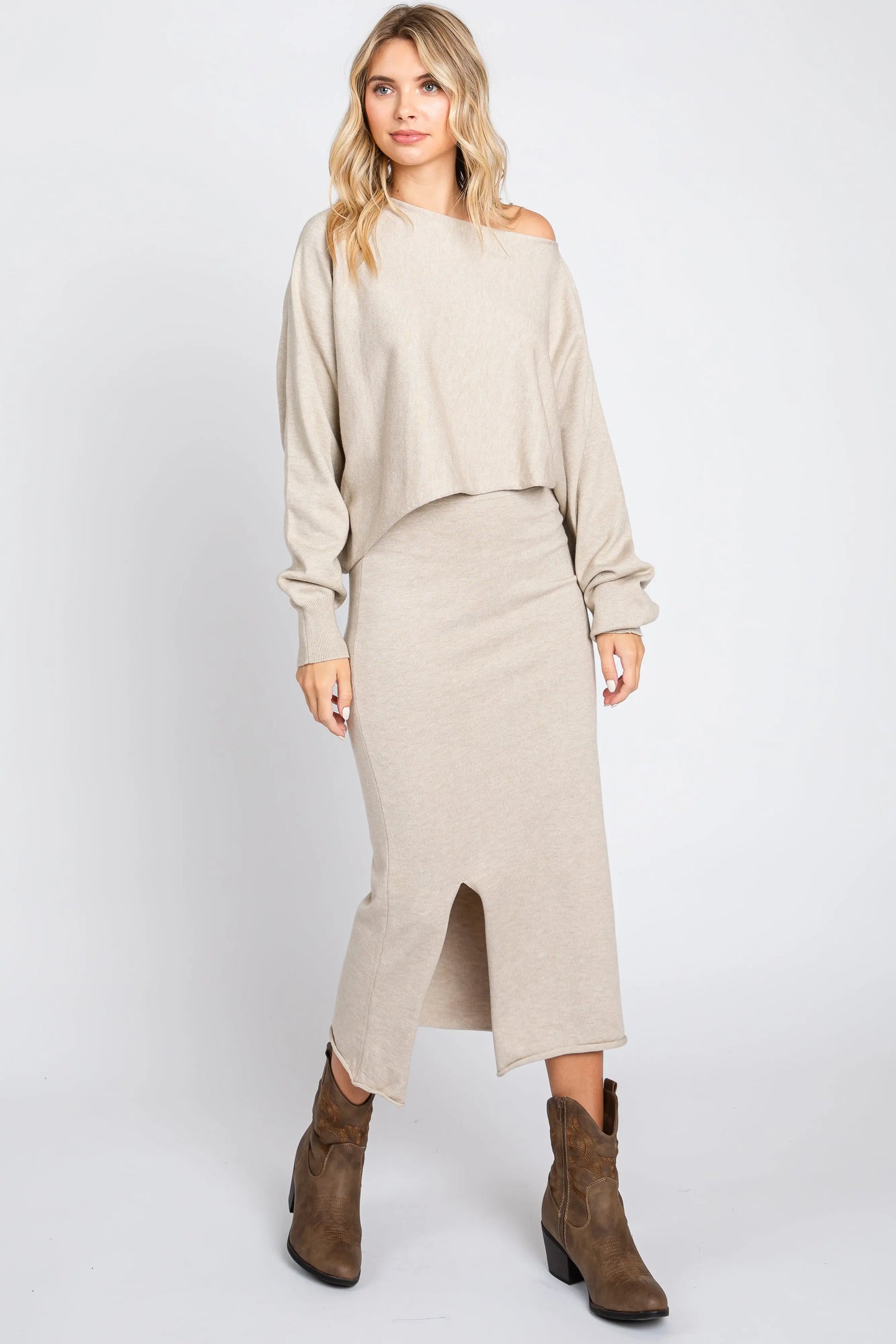 Beige Knit Long Sleeve Crop Top Midi Skirt Set PinkBlush