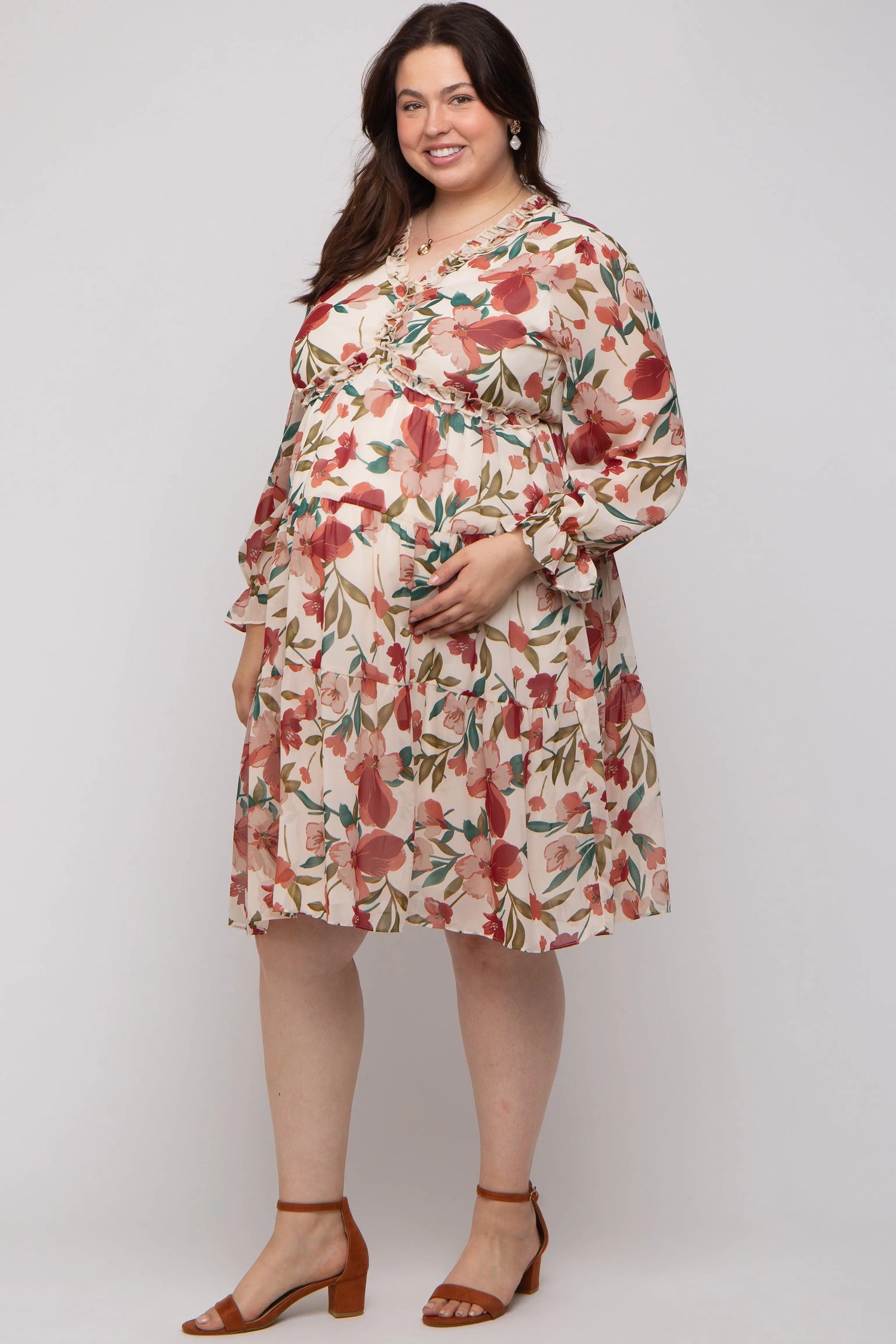 PinkBlush Elegant Floral Ruffle V Neck Maternity Plus Dress for Expecting Moms - Apparel & Accessories > Clothing > Dresses