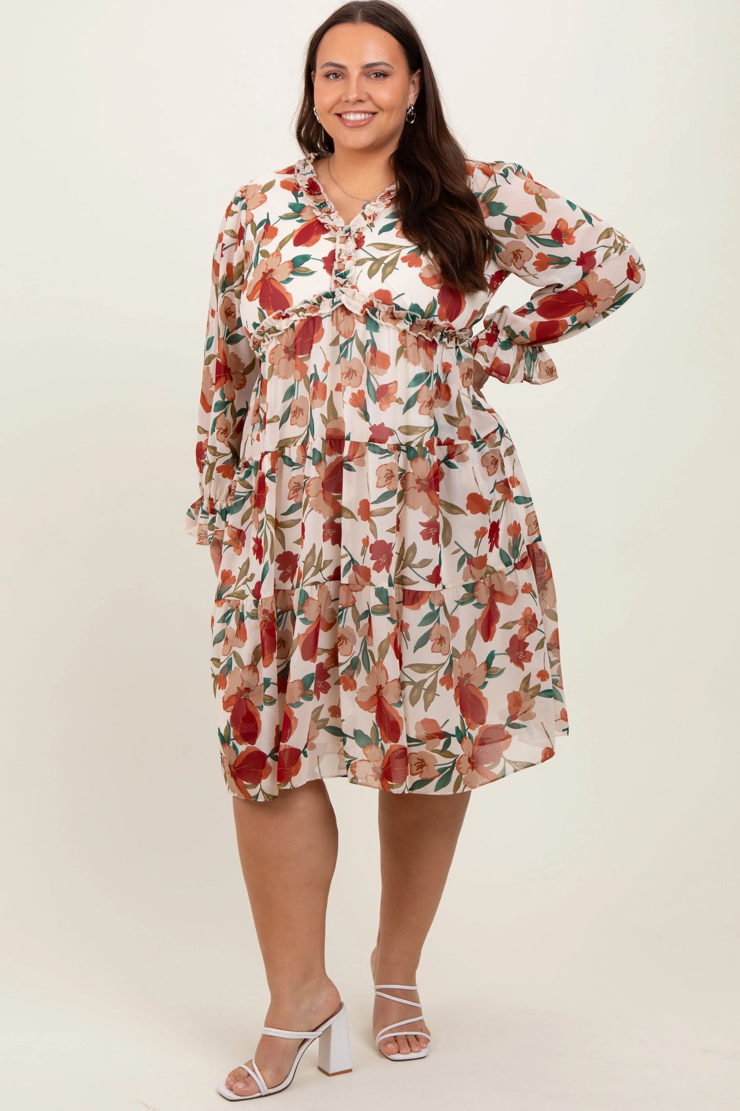PinkBlush Elegant Floral Ruffle V Neck Maternity Plus Dress for Expecting Moms - Apparel & Accessories > Clothing > Dresses