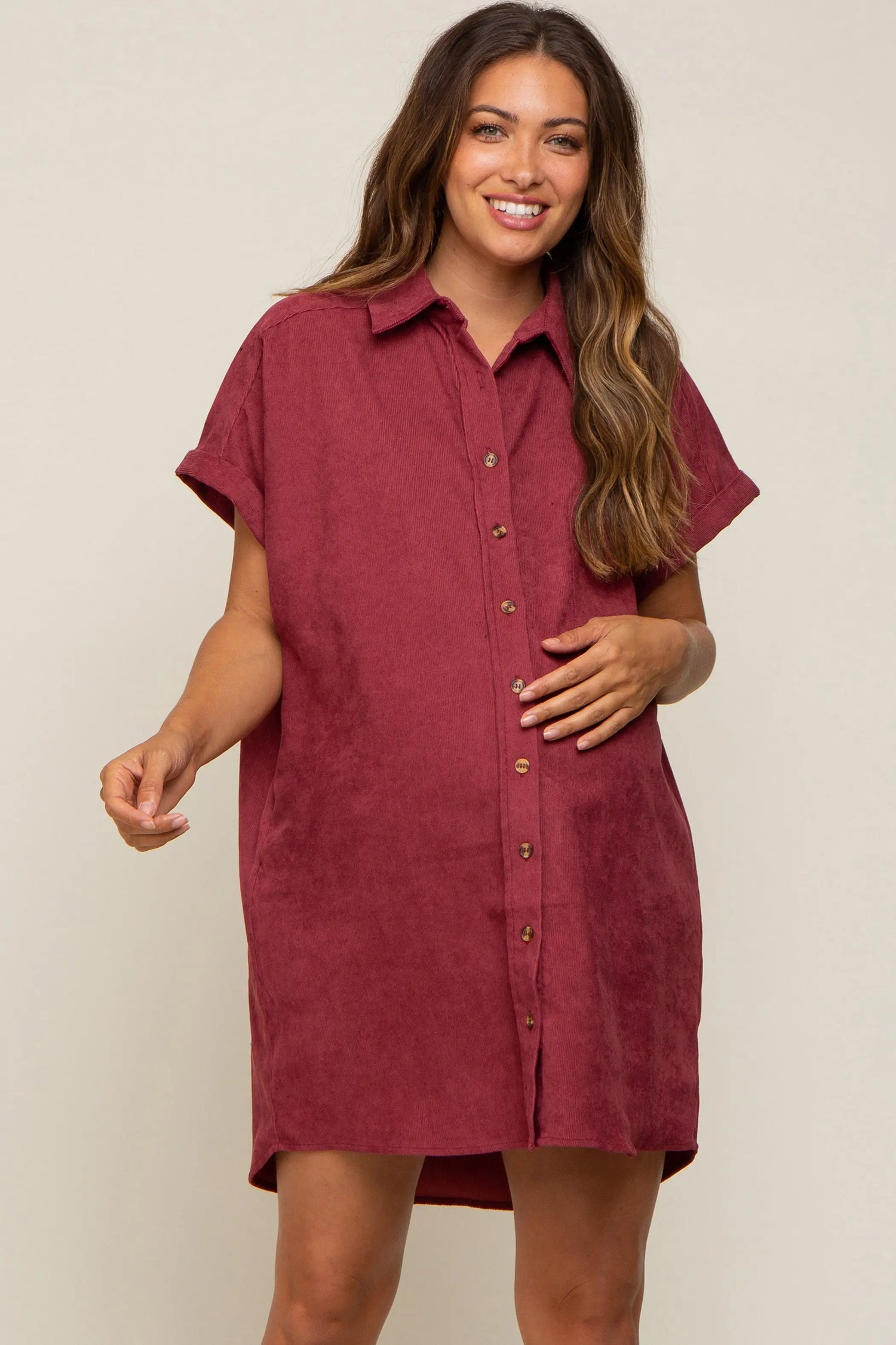 PinkBlush Burgundy Maternity Mini Dress with Cuffed Sleeves and Pockets for Expecting Mothers - Apparel & Accessories > Clothing > Dresses