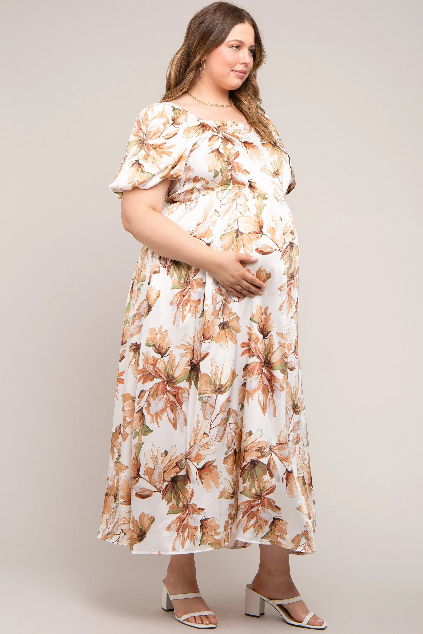 Cream Floral Satin Puff Sleeve Maternity Plus Maxi Dress PinkBlush