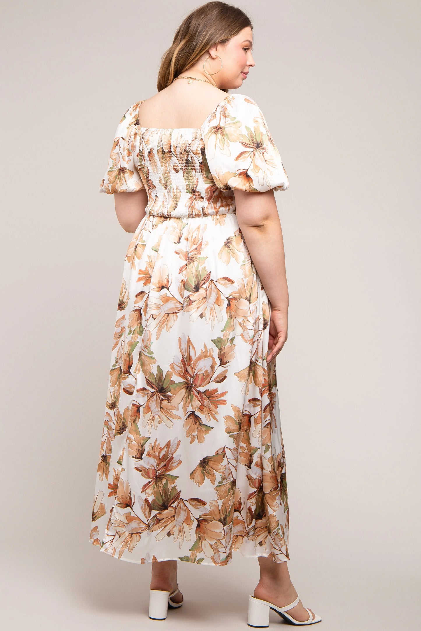 Cream Floral Satin Puff Sleeve Maternity Plus Maxi Dress PinkBlush