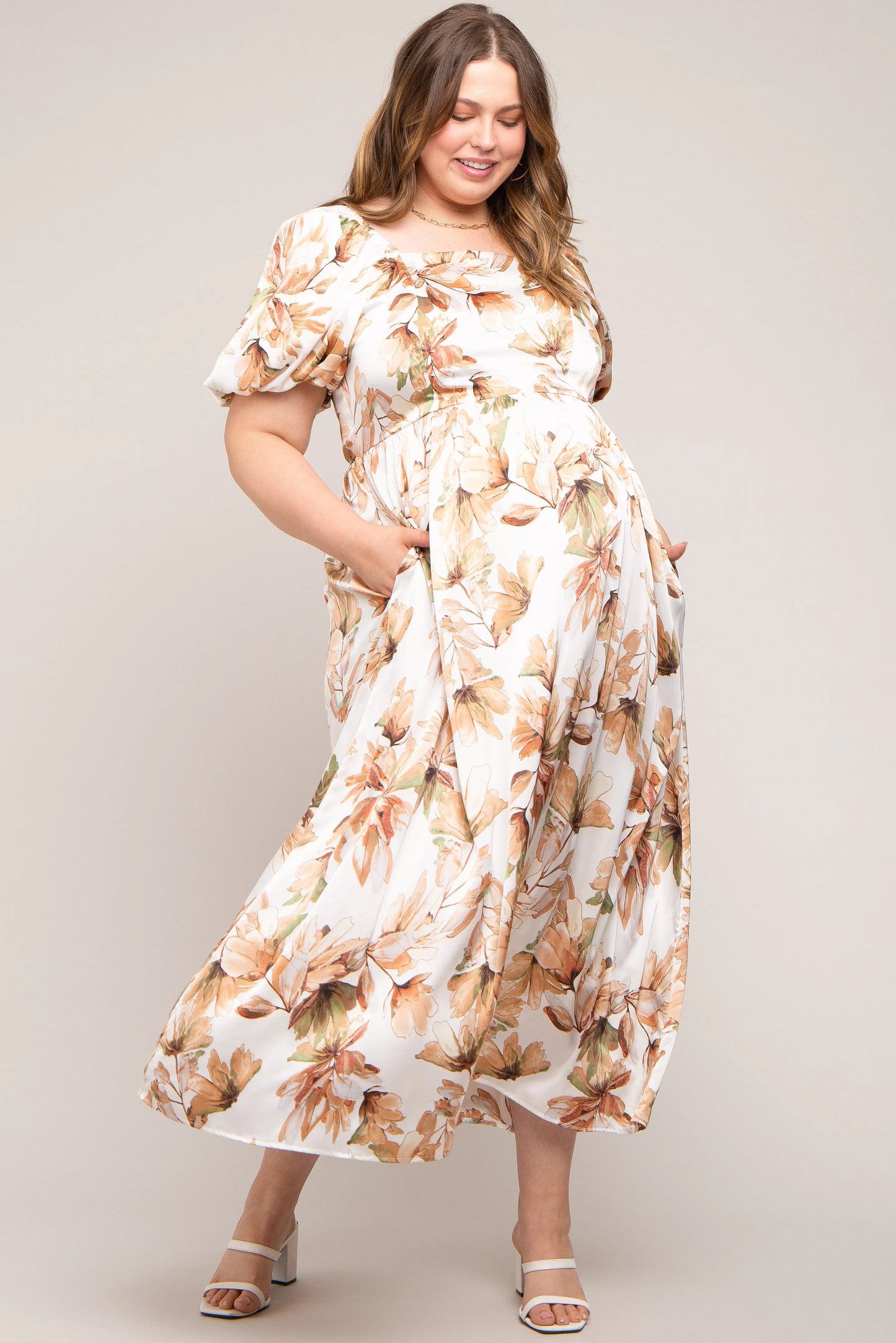 Cream Floral Satin Puff Sleeve Maternity Plus Maxi Dress PinkBlush