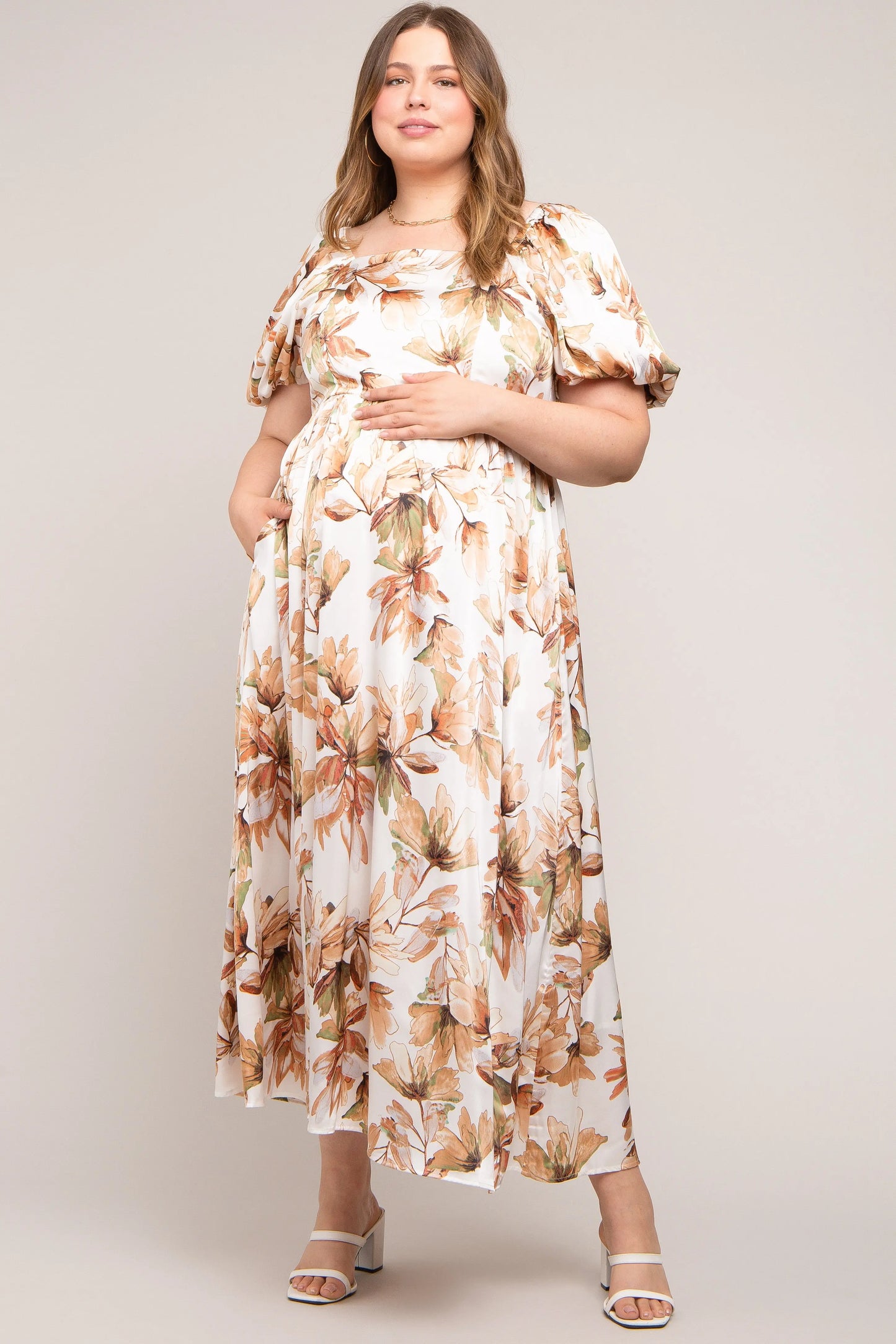 Cream Floral Satin Puff Sleeve Maternity Plus Maxi Dress PinkBlush